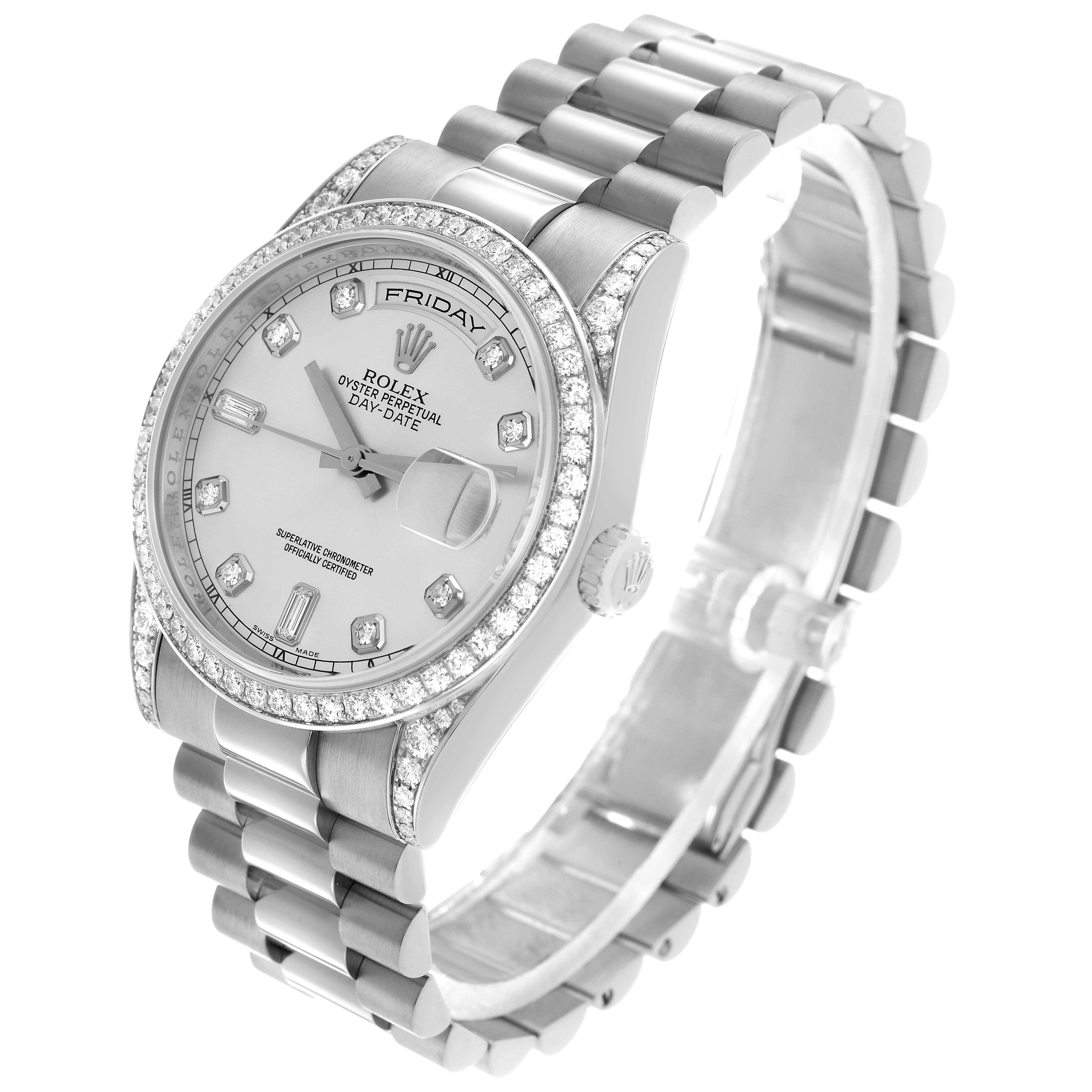The Rolex President 118389 Men's White Gold Silver Dial model watch is shown at an angle showcasing the face, bezel, bracelet, and crown.