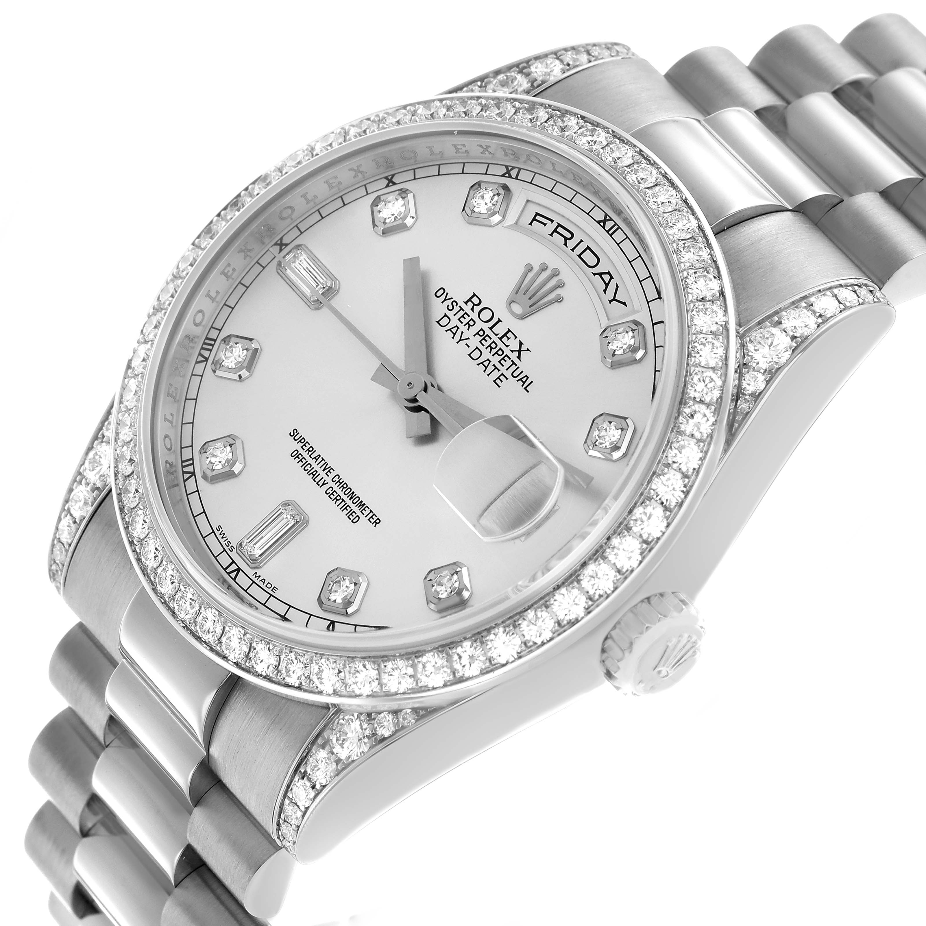 The Rolex President 118389 Men's White Gold Silver Dial model watch is shown at a three-quarter angle, displaying the face, bezel, crown, and part of the bracelet.