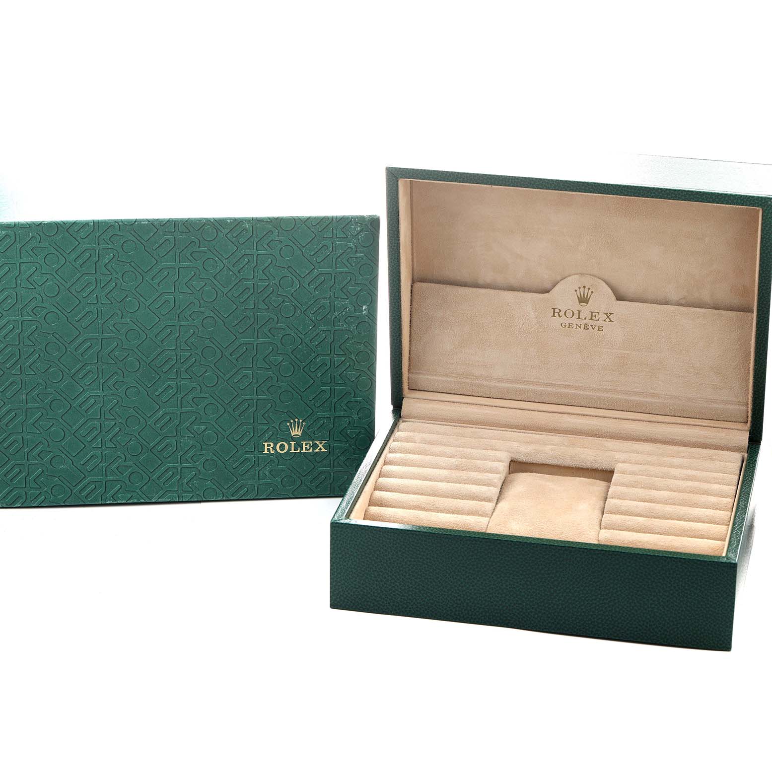 The image shows the open presentation box of a Rolex President 118389 Men's White Gold Silver Dial watch, displaying the interior lining and compartments.