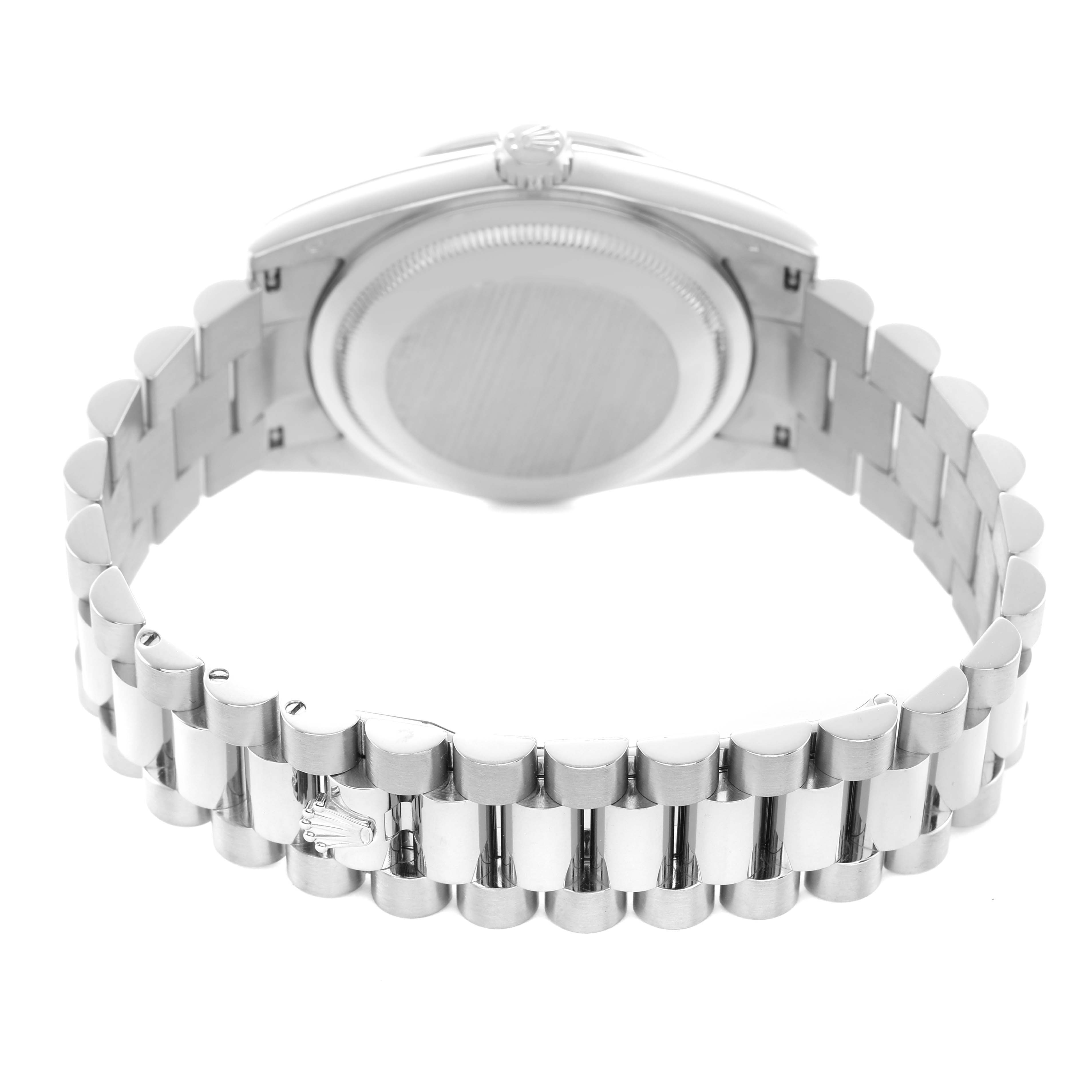 The image shows the back of the Rolex President 118389 Men's White Gold Silver Dial watch and its bracelet from a rear angle.