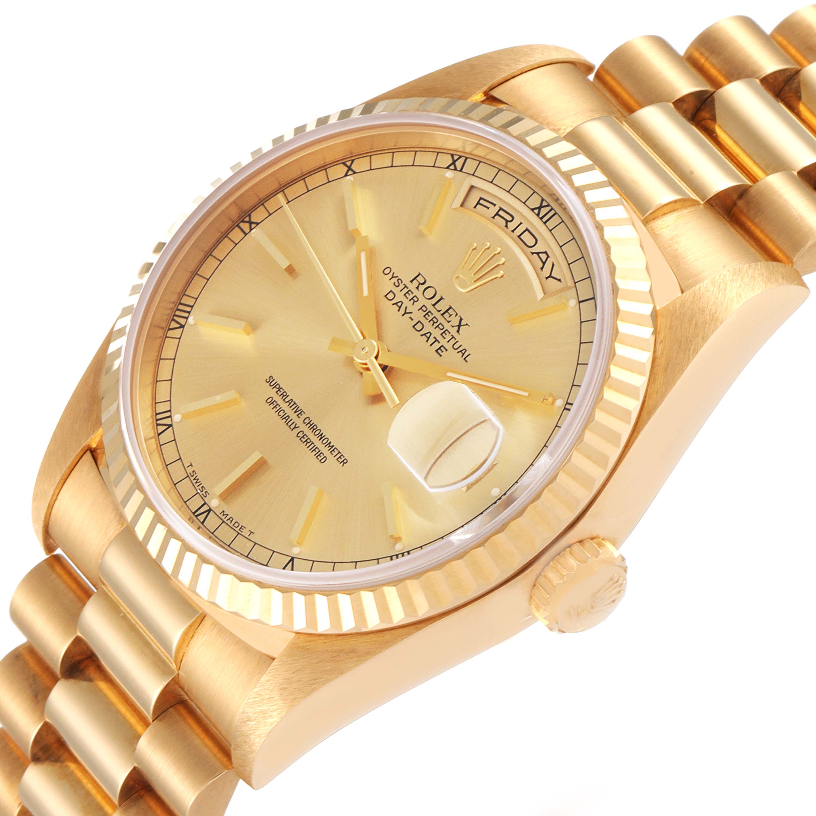 The Rolex President 18238 Men's Yellow Gold Champagne Dial 18238 Men's Yellow Gold Champagne Dial model watch is shown at an angled view, highlighting the gold band, dial, crown, and day-date display.