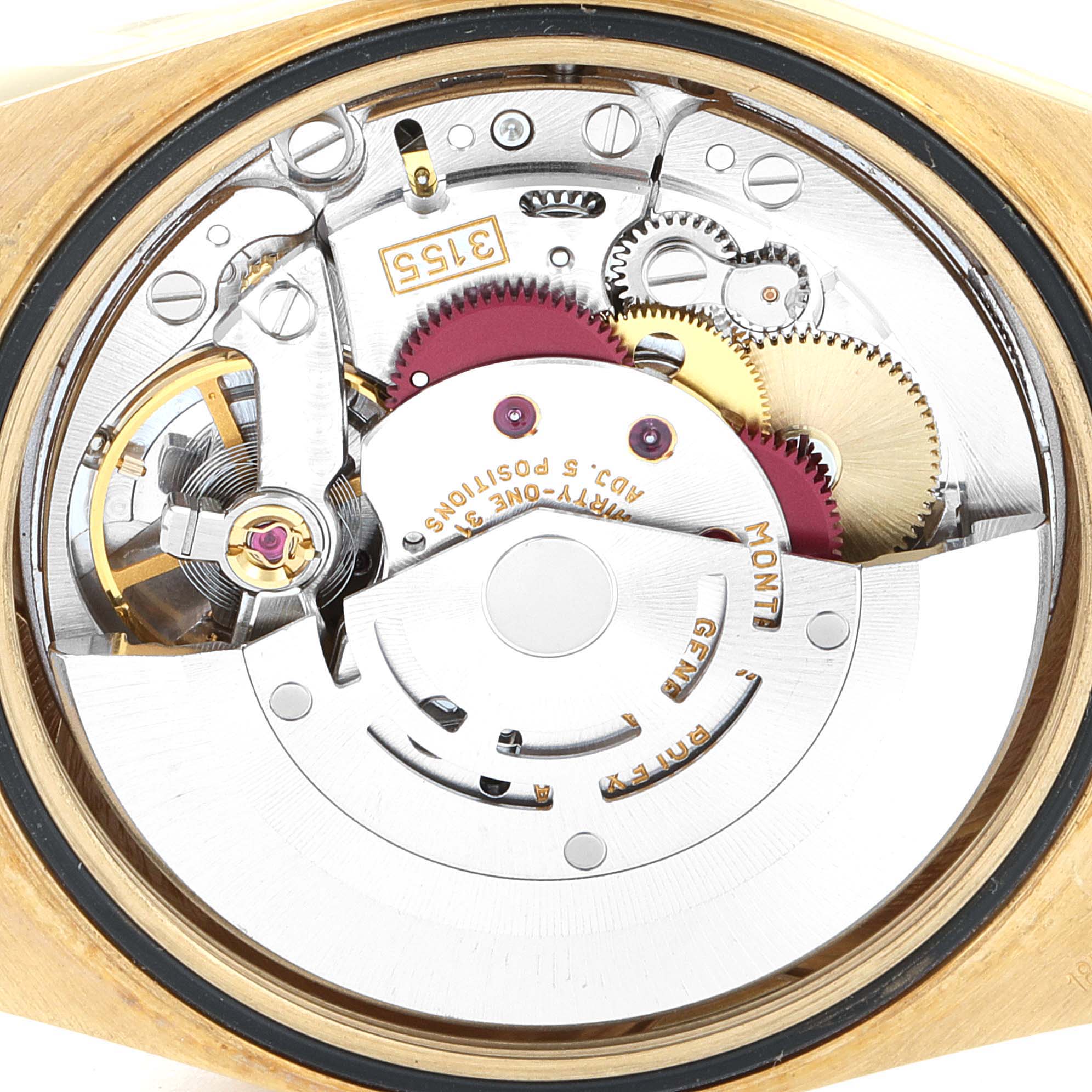 This image shows the movement and inner mechanism of a Rolex President 18238 Men's Yellow Gold Champagne Dial 18238 Men's Yellow Gold Champagne Dial model watch, viewed from the back.