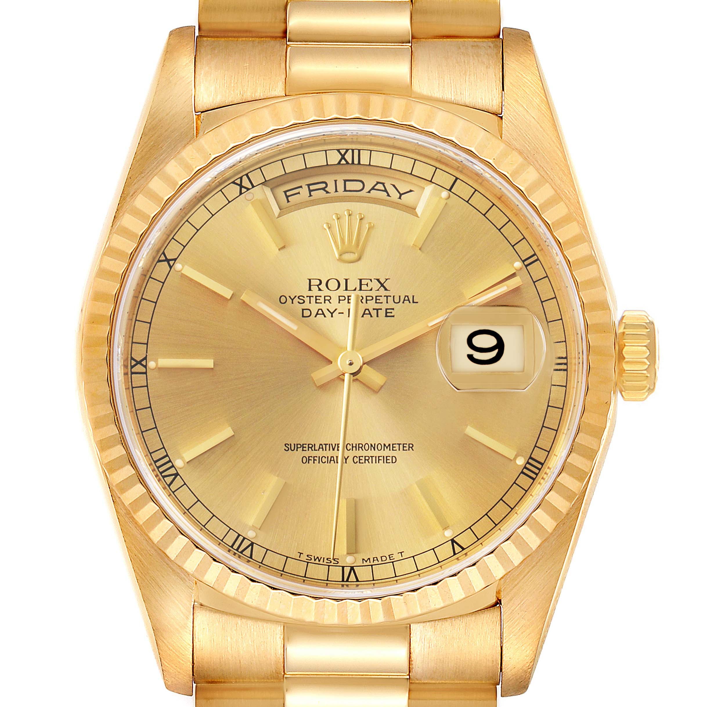 This image shows a front view of a Rolex President 18238 Men's Yellow Gold Champagne Dial 18238 Men's Yellow Gold Champagne Dial model watch featuring its dial, date window, and bracelet.