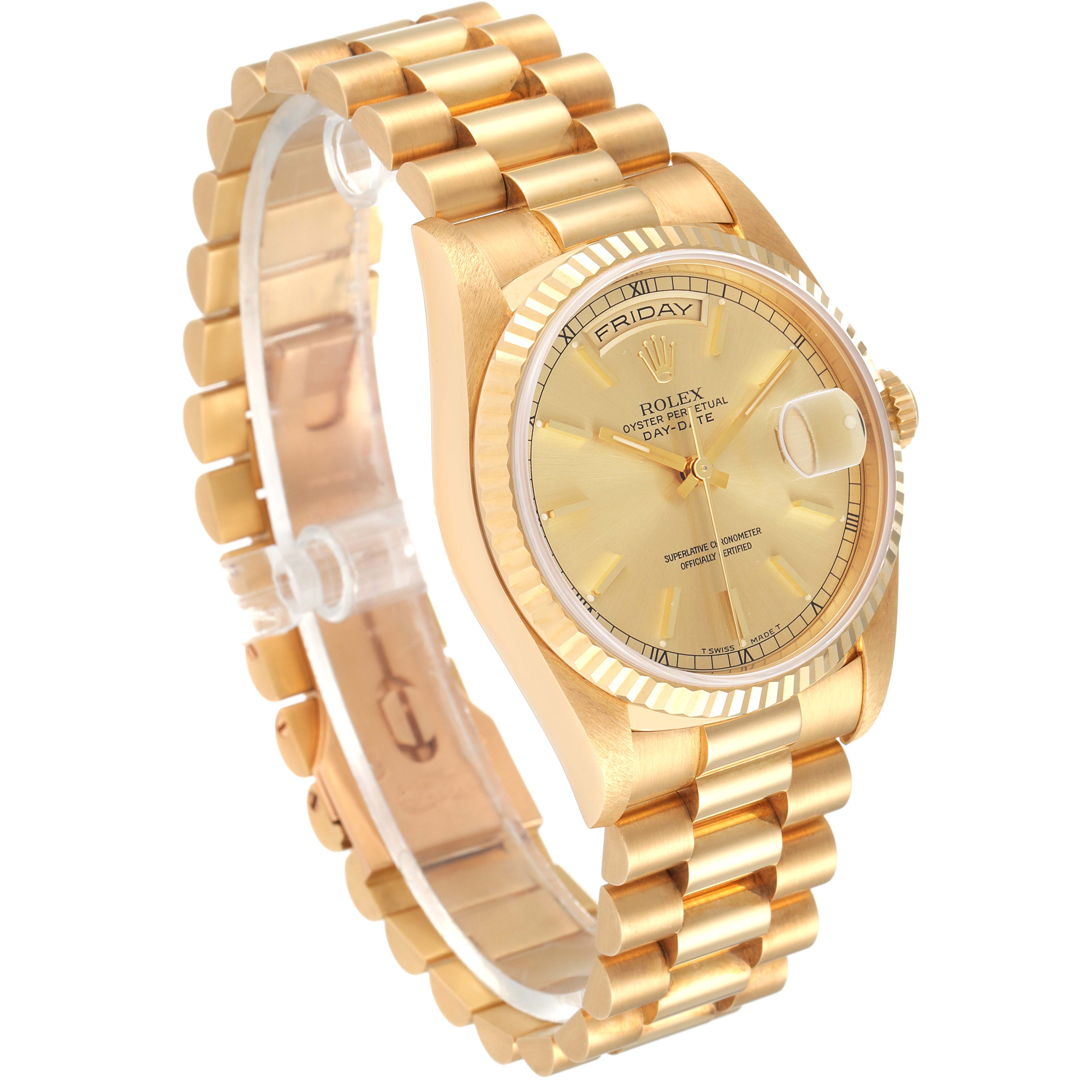 The image shows a side and front angle of a Rolex President 18238 Men's Yellow Gold Champagne Dial 18238 Men's Yellow Gold Champagne Dial model watch, displaying its gold bracelet, dial, and fluted bezel.