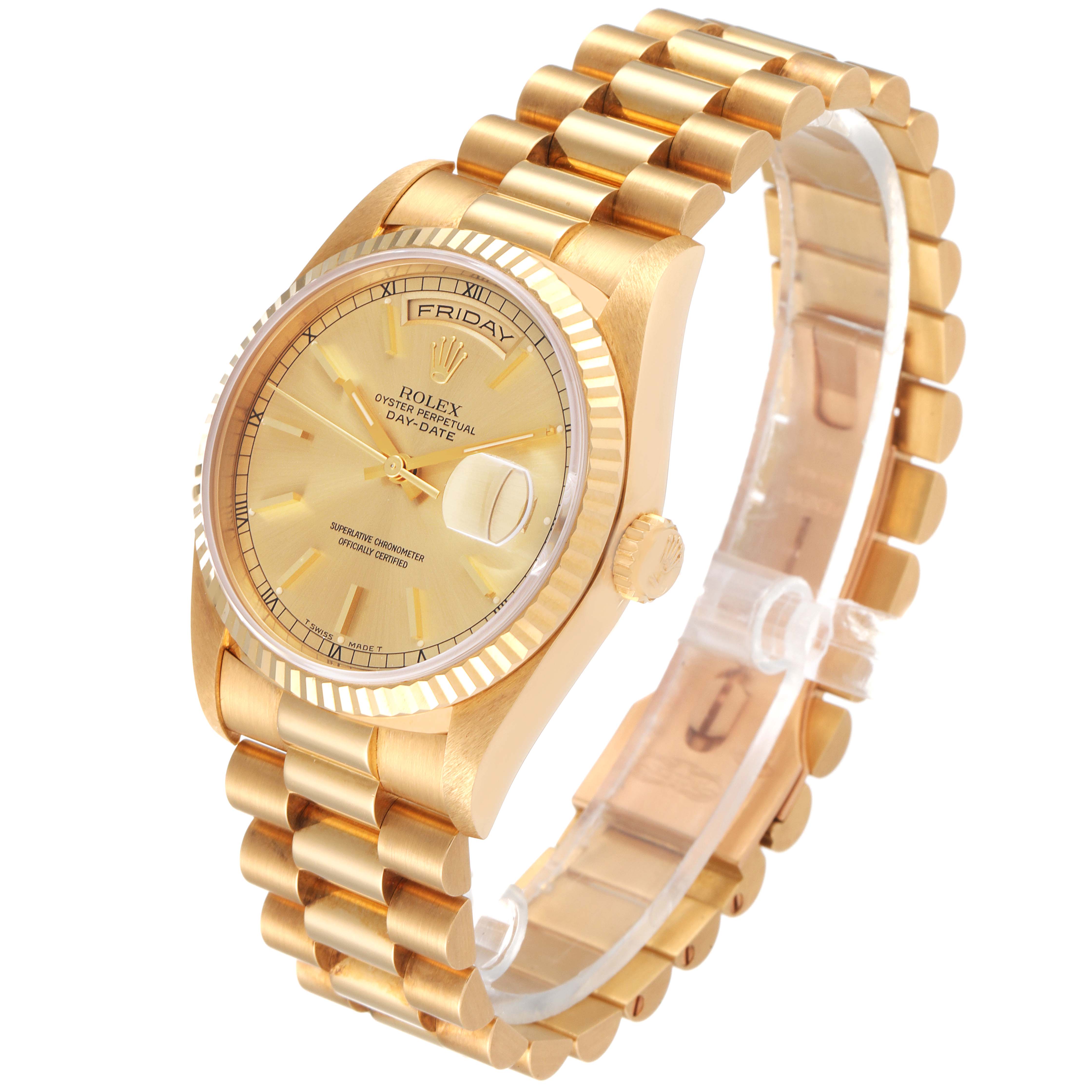 The image shows a side-angle view of a gold Rolex President 18238 Men's Yellow Gold Champagne Dial 18238 Men's Yellow Gold Champagne Dial model watch, displaying the bracelet, dial, and crown.