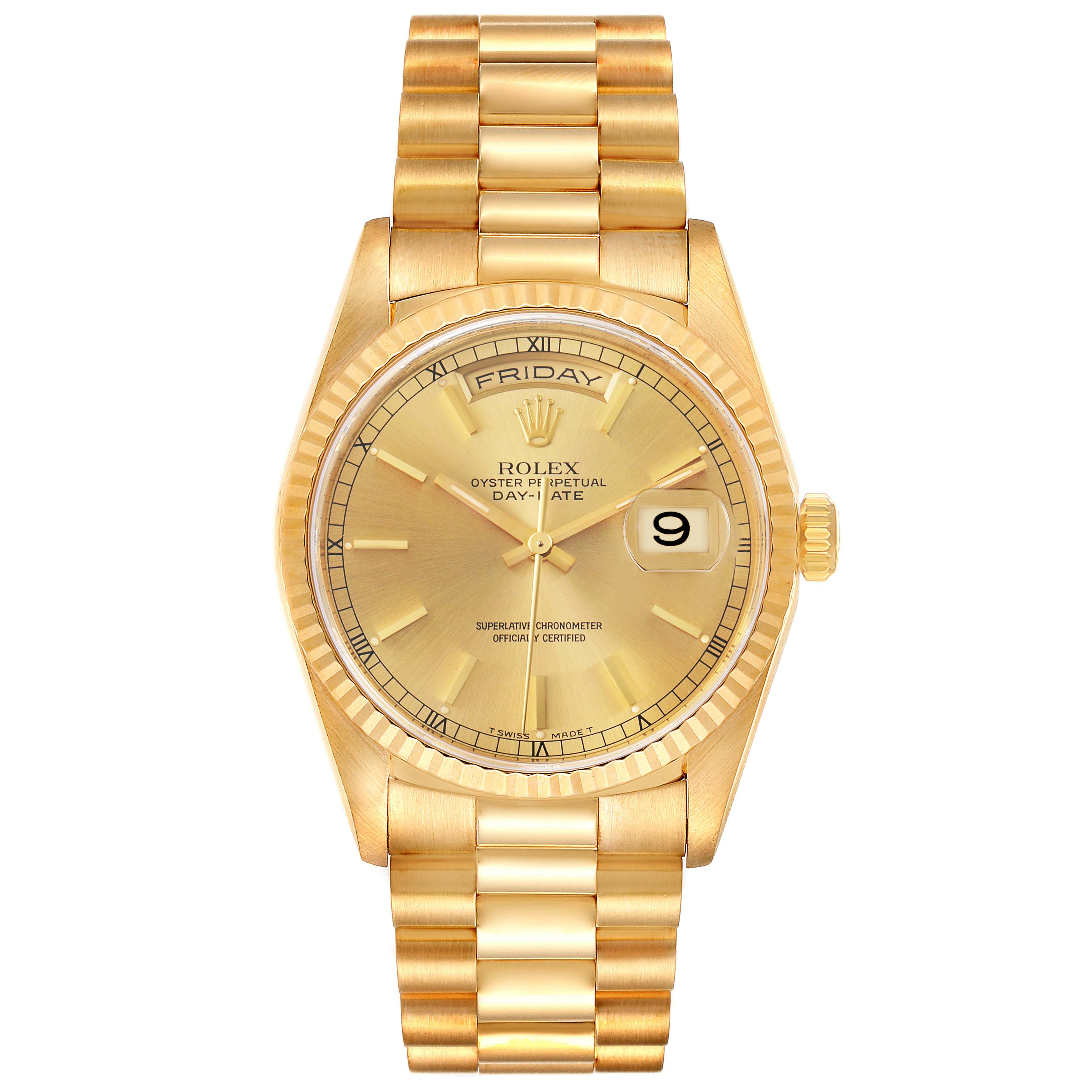 The image shows a frontal view of a Rolex President 18238 Men's Yellow Gold Champagne Dial 18238 Men's Yellow Gold Champagne Dial Oyster Perpetual Day-Date watch, highlighting its gold bracelet, bezel, and dial.
