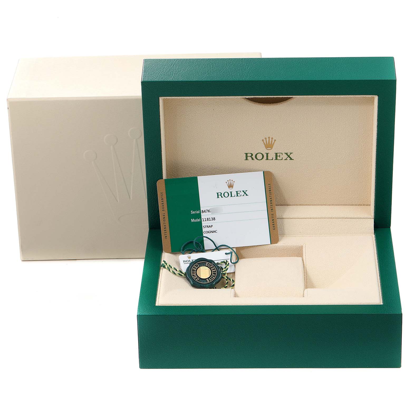 The image shows the Rolex President 118139 Men's Yellow Gold Brown Dial 118139 Men's Yellow Gold Brown Dial model watch box and accessories, including a certification card and a tag, viewed from the front angle.