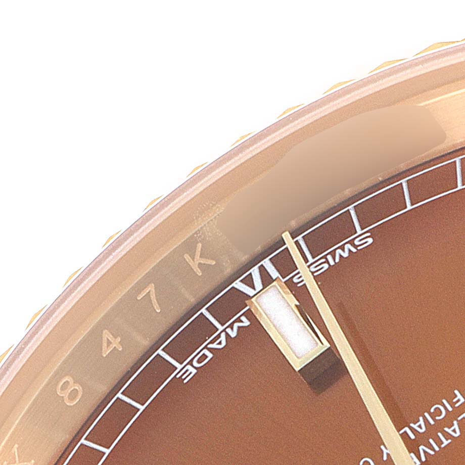 The image shows a close-up view of the dial and bezel of the Rolex President 118139 Men's Yellow Gold Brown Dial 118139 Men's Yellow Gold Brown Dial model watch.