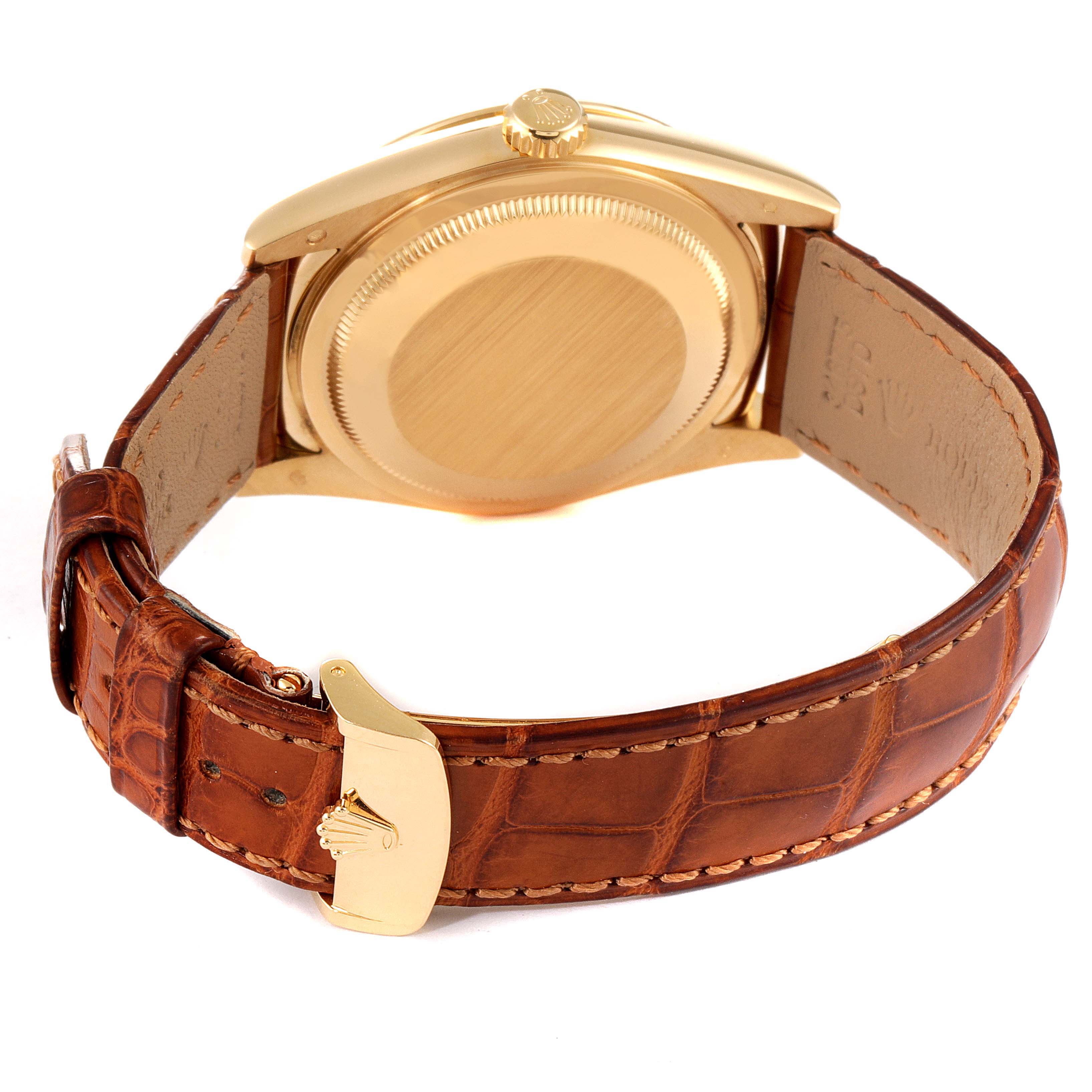This image shows the back of a Rolex President 118139 Men's Yellow Gold Brown Dial 118139 Men's Yellow Gold Brown Dial watch with a gold case and brown leather strap.