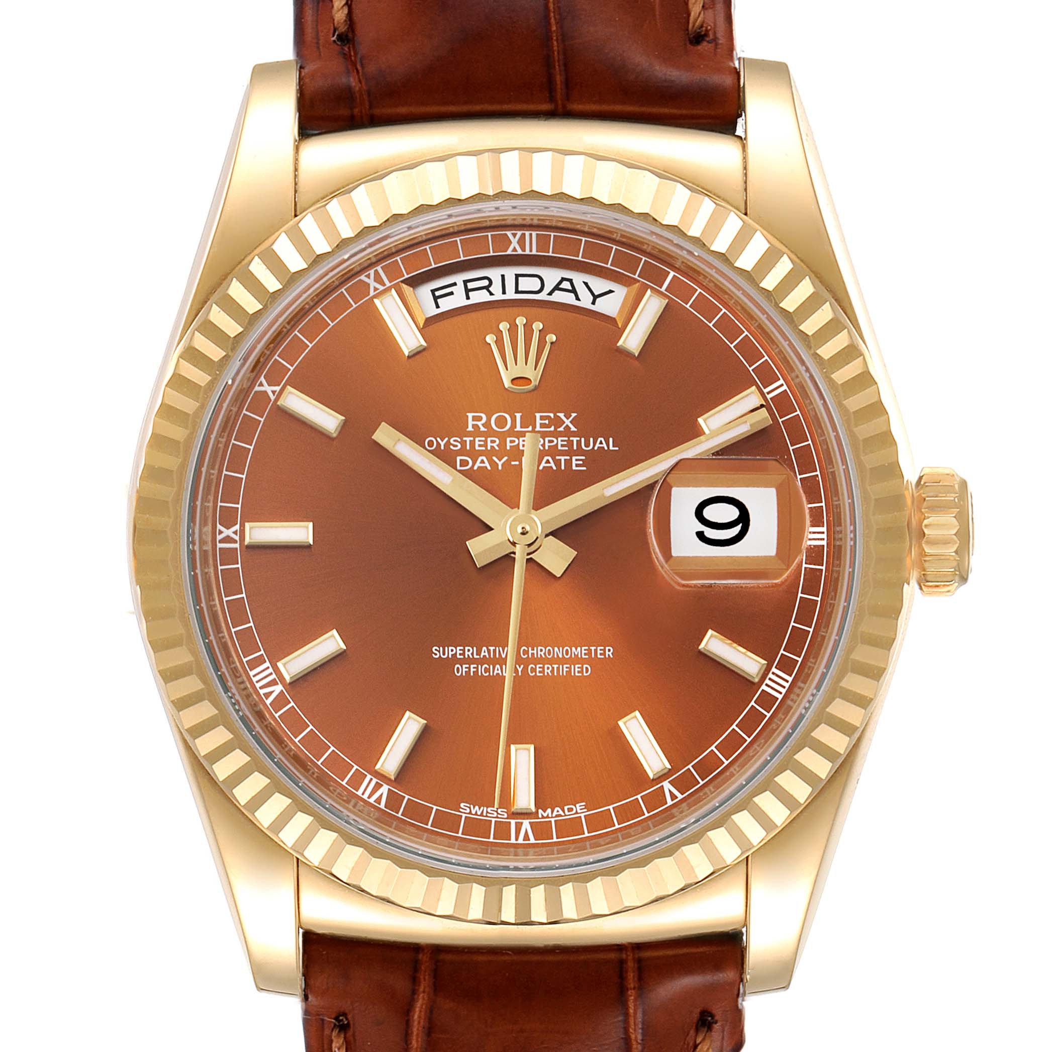 The image shows a front view of the Rolex President 118139 Men's Yellow Gold Brown Dial 118139 Men's Yellow Gold Brown Dial model watch, featuring its brown dial, date window, and gold case with leather strap.