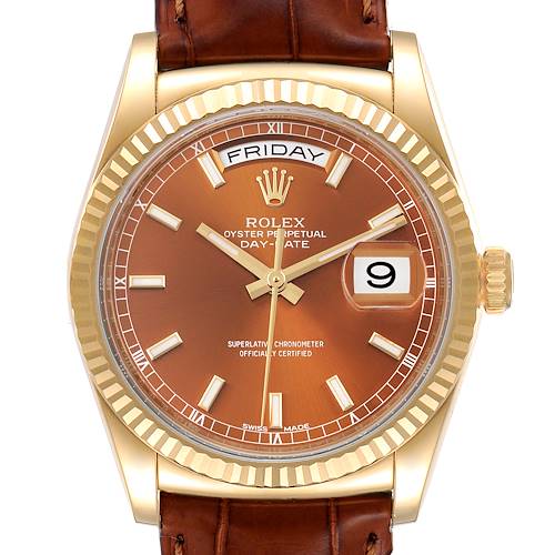 Photo of Rolex President Day-Date Yellow Gold Cognac Dial Mens Watch 118138 Box Card