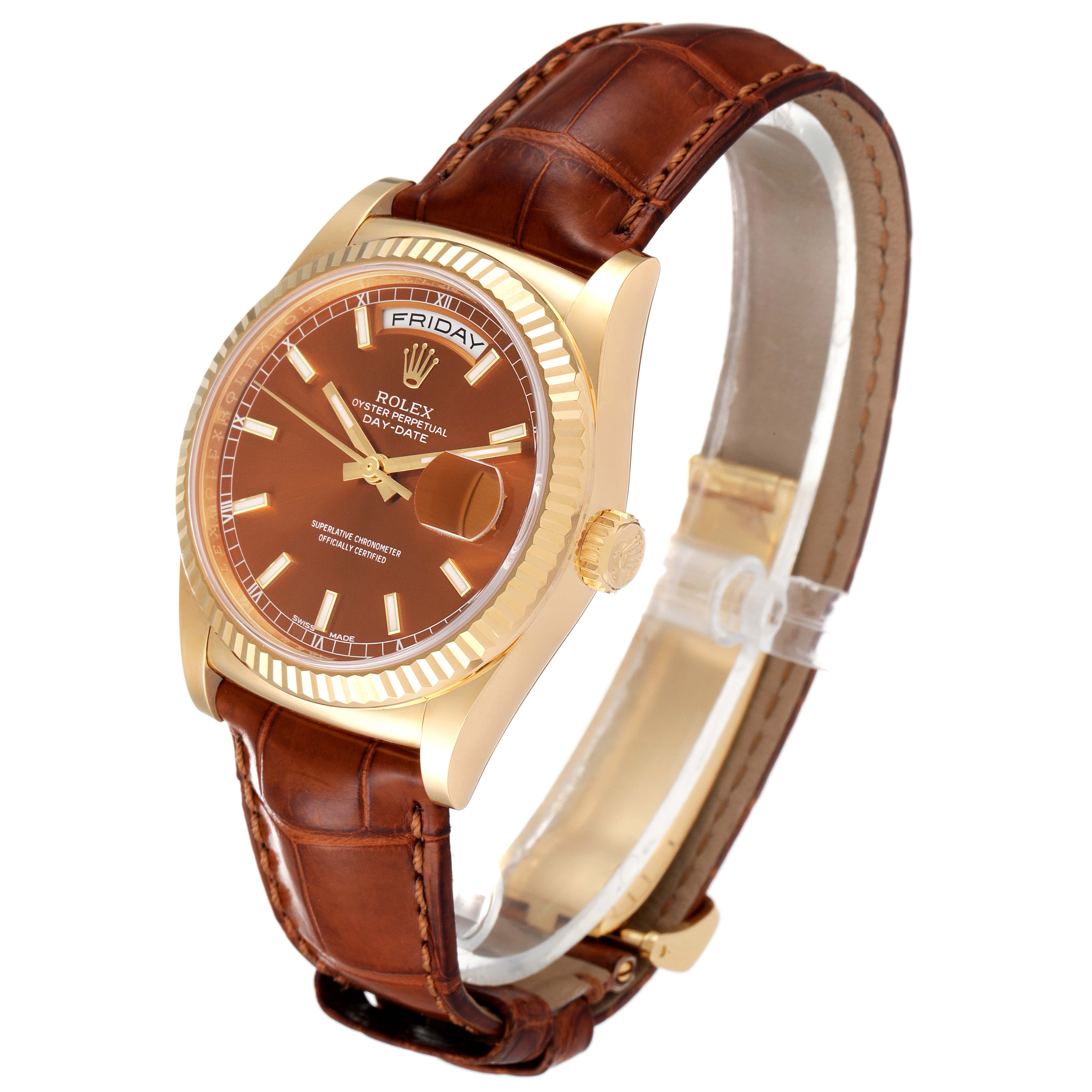 The image shows a Rolex President 118139 Men's Yellow Gold Brown Dial 118139 Men's Yellow Gold Brown Dial model watch at a three-quarter angle, highlighting the face, bezel, crown, and leather strap.