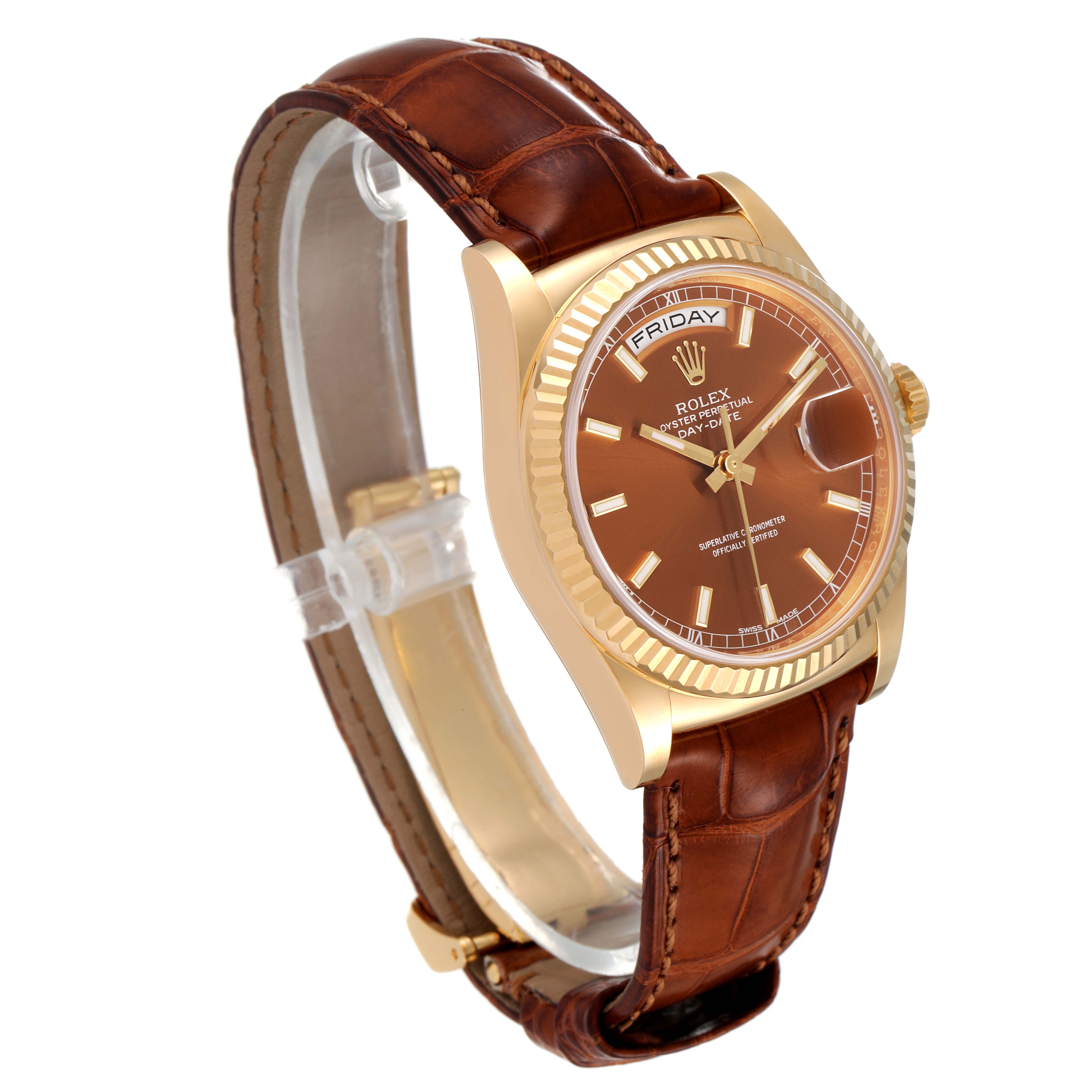 The image shows a Rolex President 118139 Men's Yellow Gold Brown Dial 118139 Men's Yellow Gold Brown Dial model watch at an angle, highlighting its brown leather strap and gold case.