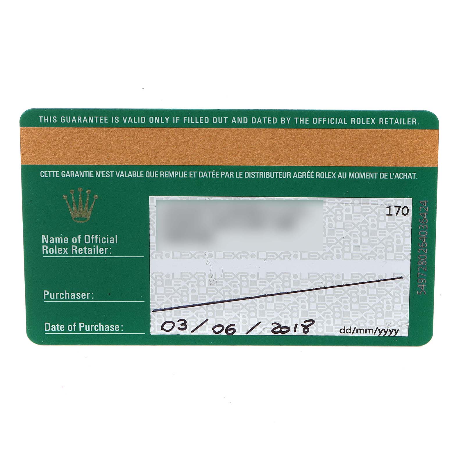 The image shows the warranty card for a Rolex President 118139 Men's Yellow Gold Brown Dial 118139 Men's Yellow Gold Brown Dial model, including details of the retailer and purchase date.