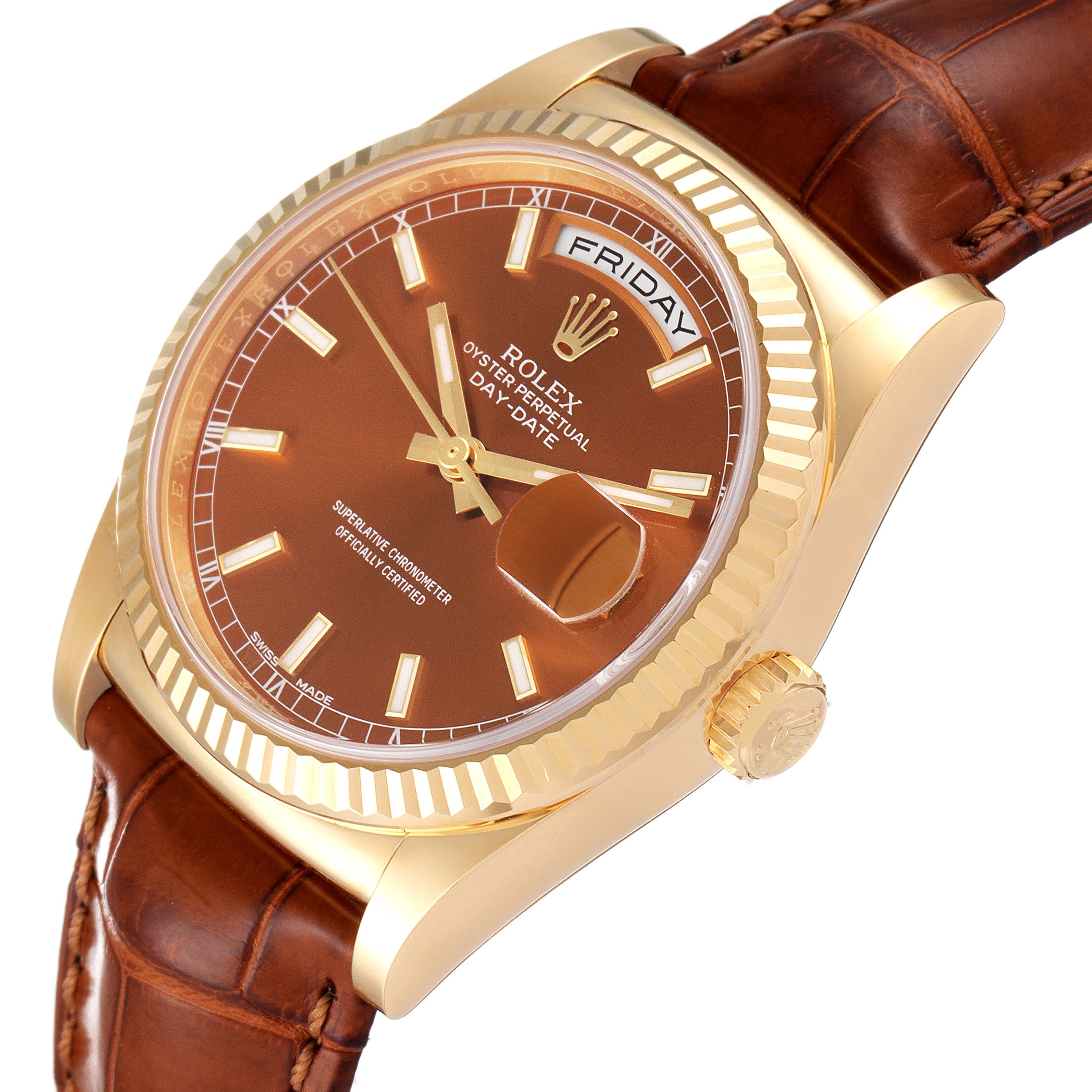 The image shows a side-angled view of a Rolex President 118139 Men's Yellow Gold Brown Dial 118139 Men's Yellow Gold Brown Dial model watch, highlighting its brown dial, fluted bezel, and leather strap.