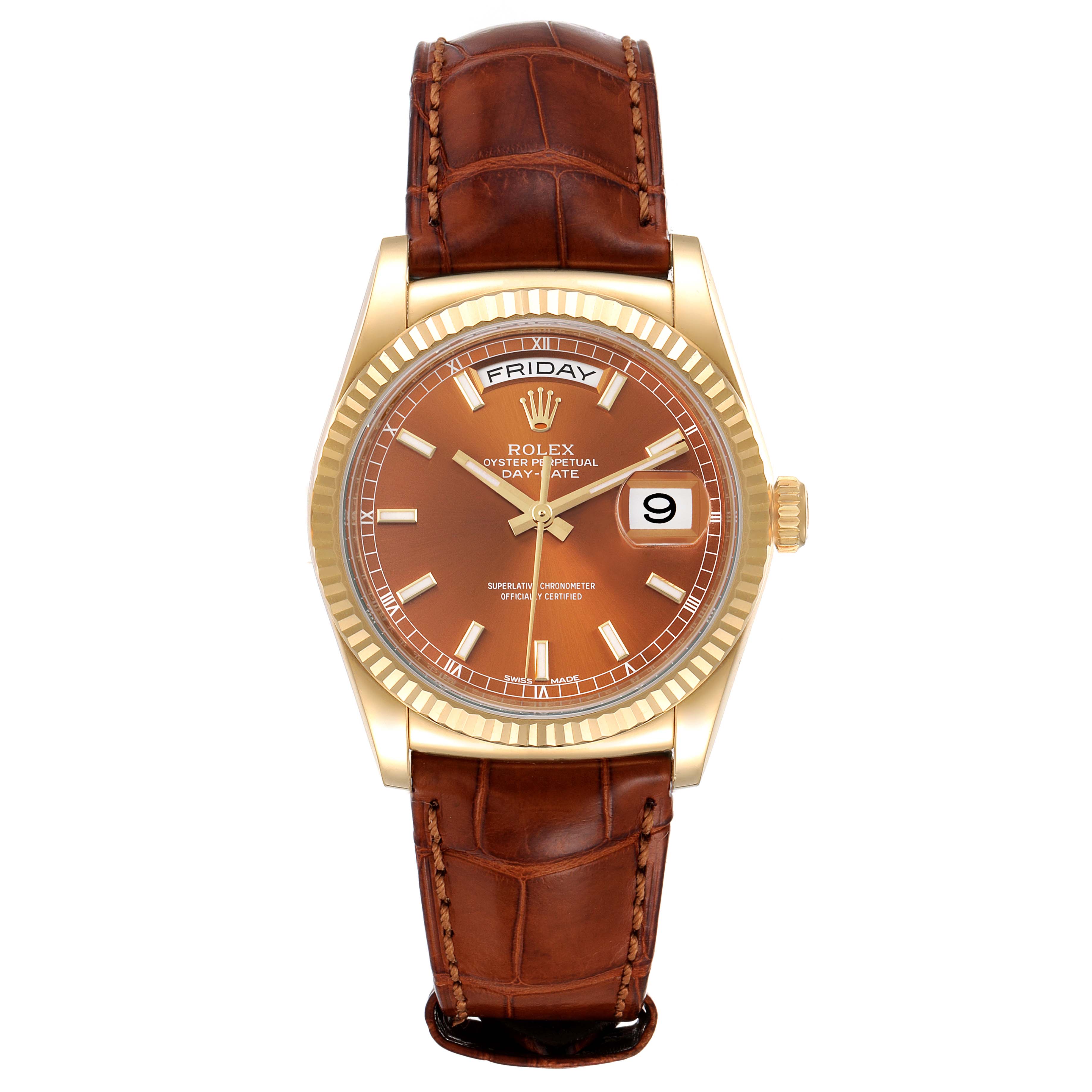 The Rolex President 118139 Men's Yellow Gold Brown Dial 118139 Men's Yellow Gold Brown Dial model watch is shown from a straight-on angle, displaying its face, bezel, and leather strap.
