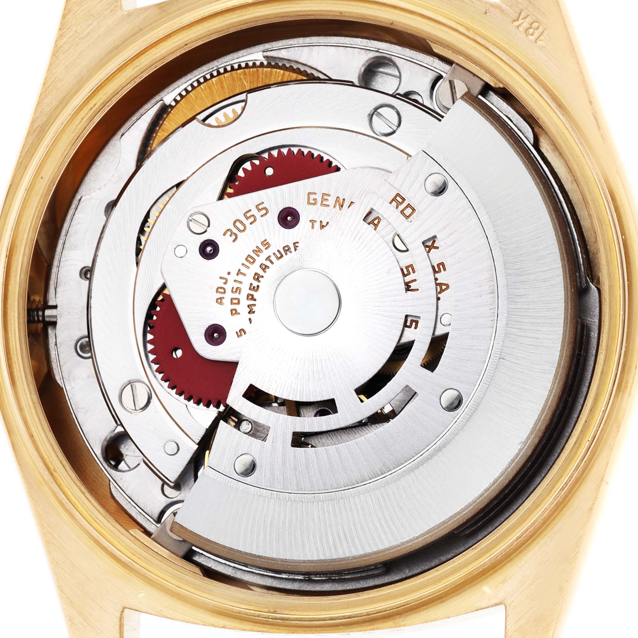 The image shows an interior view of the Rolex President 18038 Men's Yellow Gold Champagne Dial model, focusing on its movement components.
