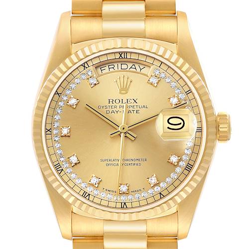 The Rolex President 18038 Men's Yellow Gold Champagne Dial model is shown from a top-down angle, highlighting its gold dial, bezel, and bracelet.