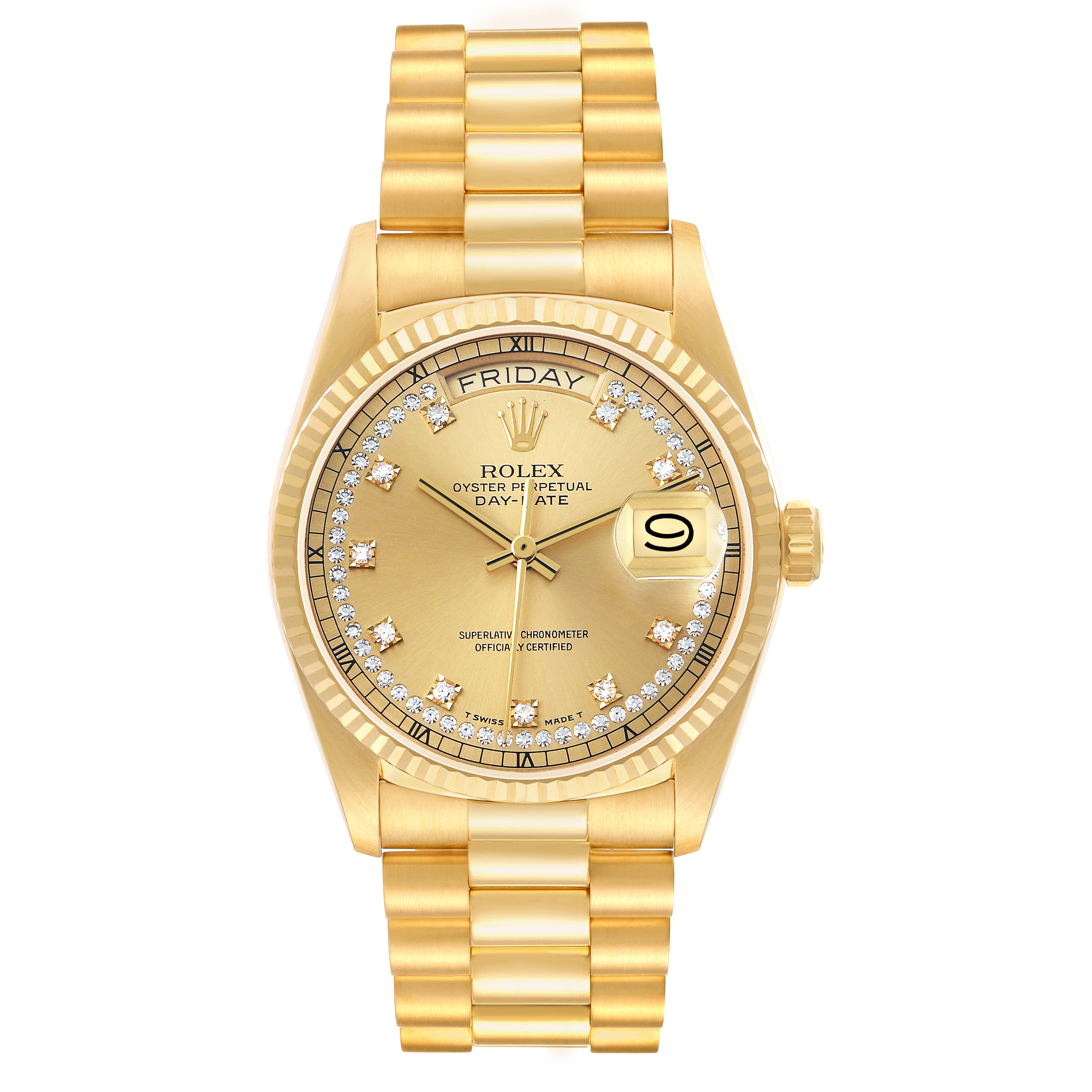This Rolex President 18038 Men's Yellow Gold Champagne Dial watch is shown from a front angle, displaying the bracelet, bezel, dial, hands, and date window.