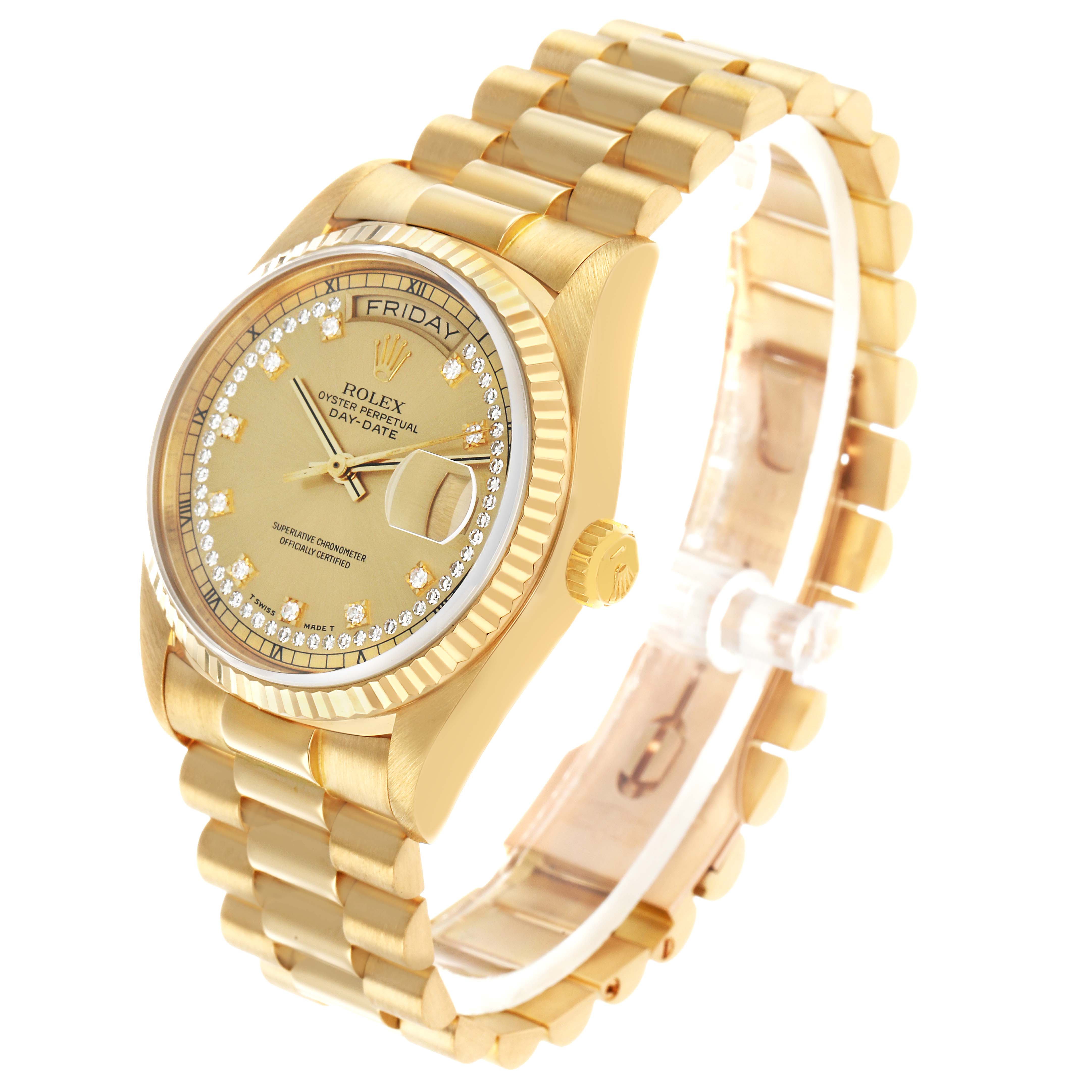 The Rolex President 18038 Men's Yellow Gold Champagne Dial model is shown at a three-quarter angle, displaying its face, bezel, crown, and bracelet.