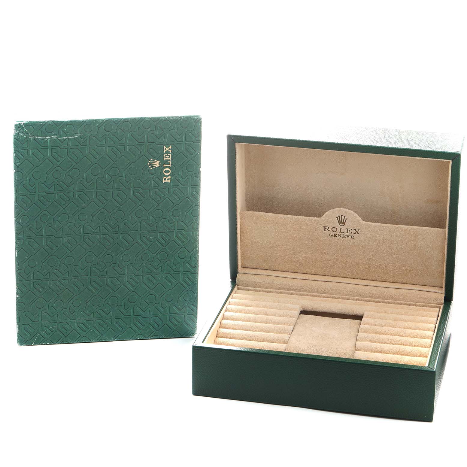 The image shows an open Rolex watch box and outer box for the President model, both in a green design with branding.