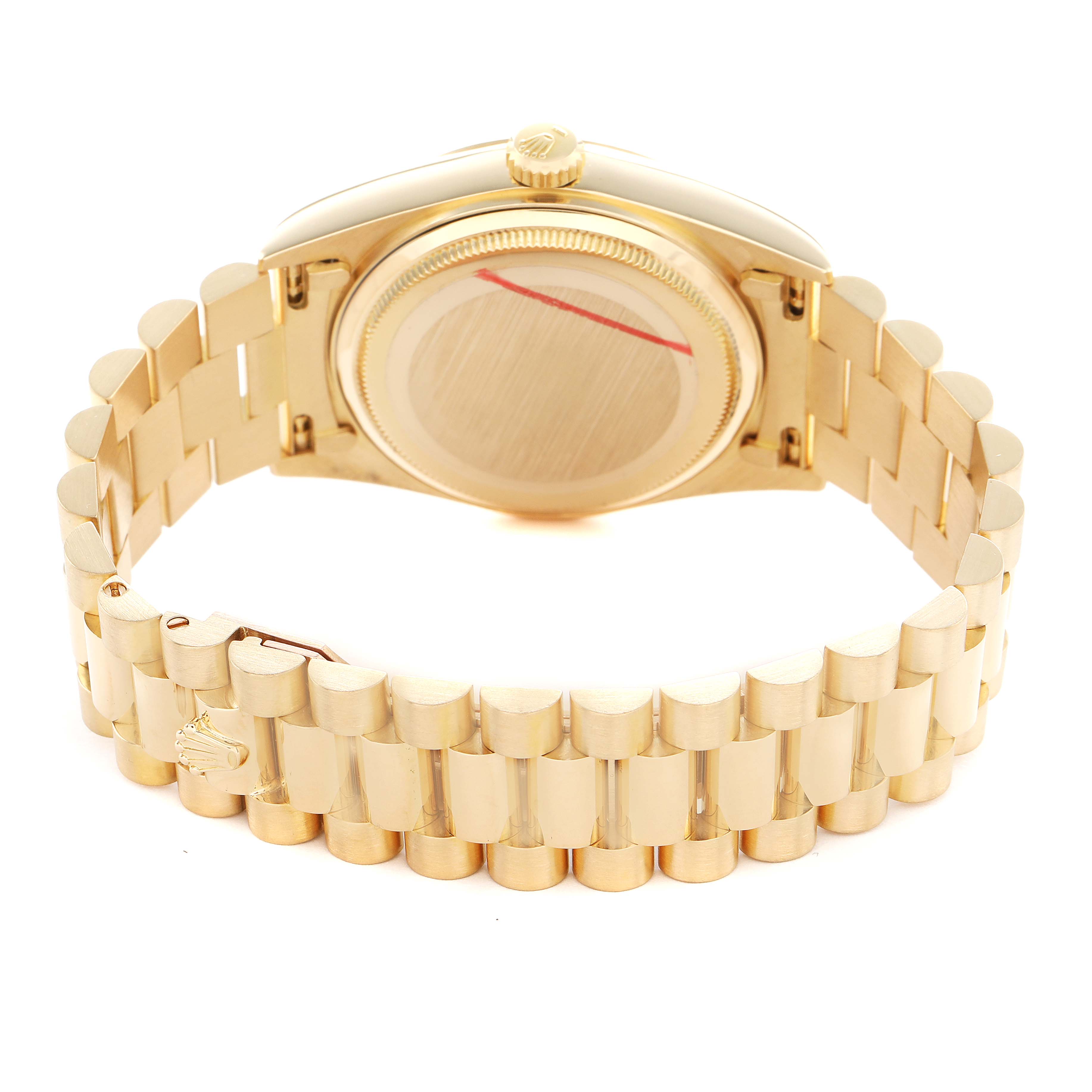 The image shows the back and bracelet of a Rolex President 18038 Men's Yellow Gold Champagne Dial model, viewed from a three-quarter angle.