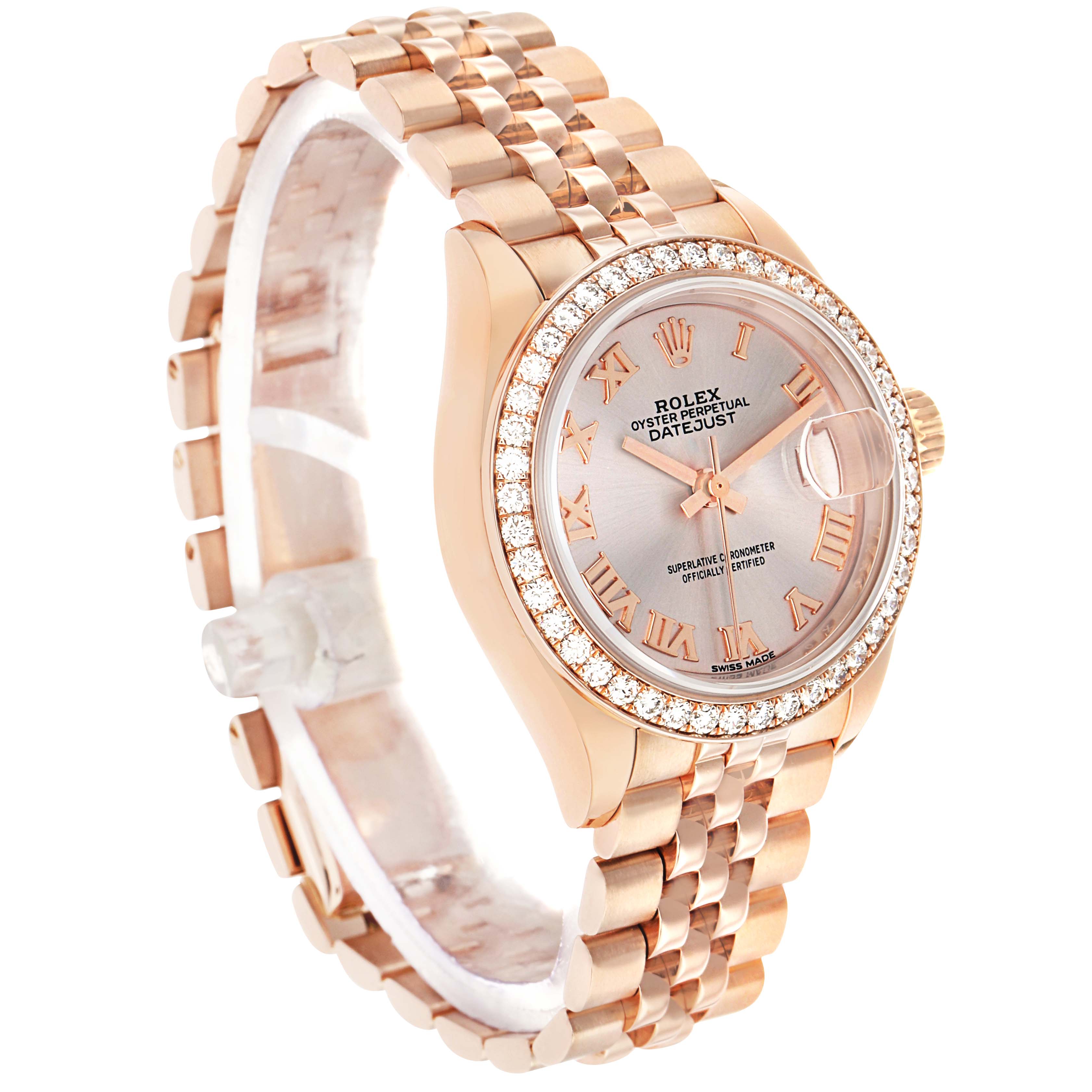 The image shows a Rolex President 279135 Women's Rose Gold Pink Dial model watch from an angled perspective, highlighting its rose gold case, diamond bezel, and bracelet.