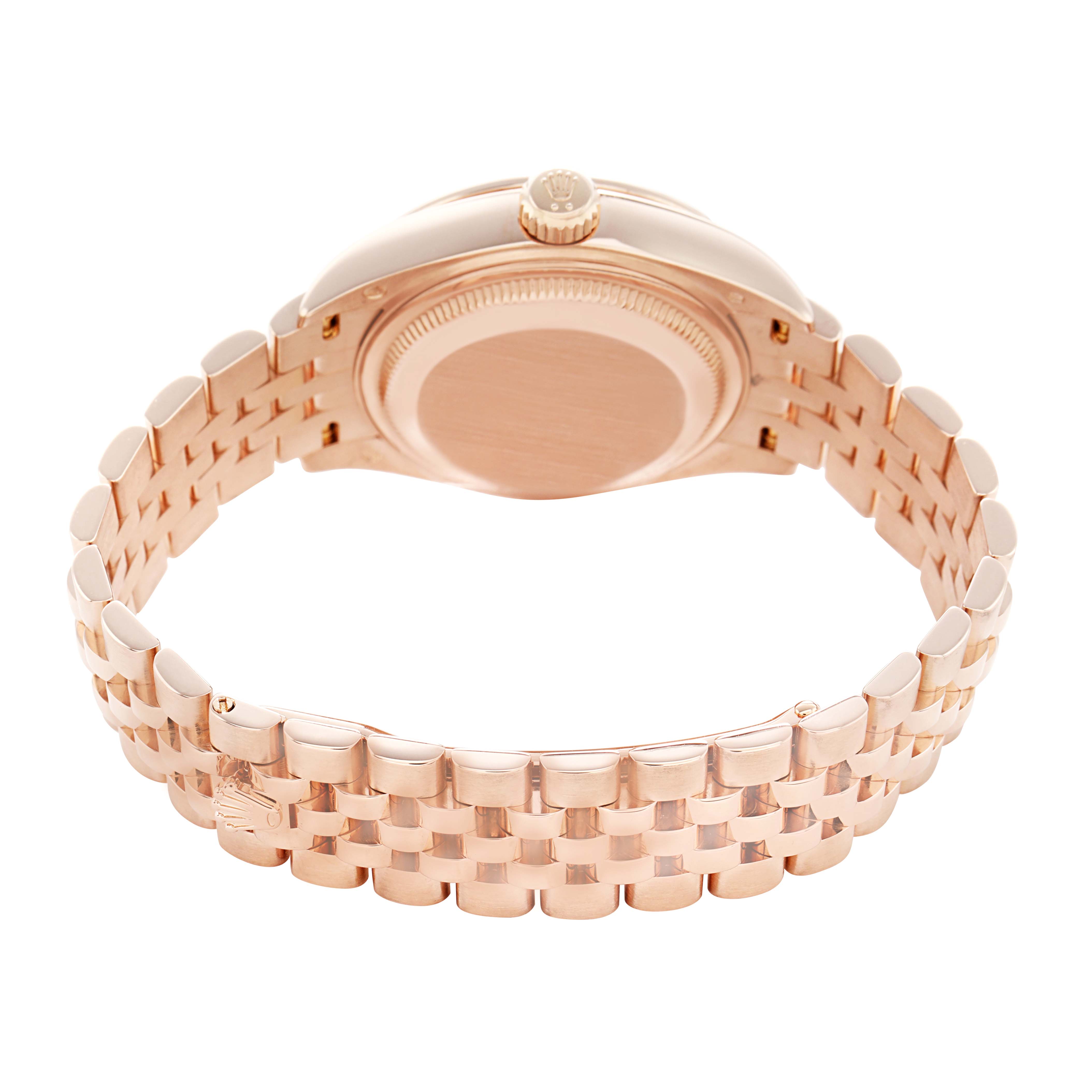 The image shows the back and bracelet of a Rolex President 279135 Women's Rose Gold Pink Dial model, highlighting the clasp and screw-down case back.