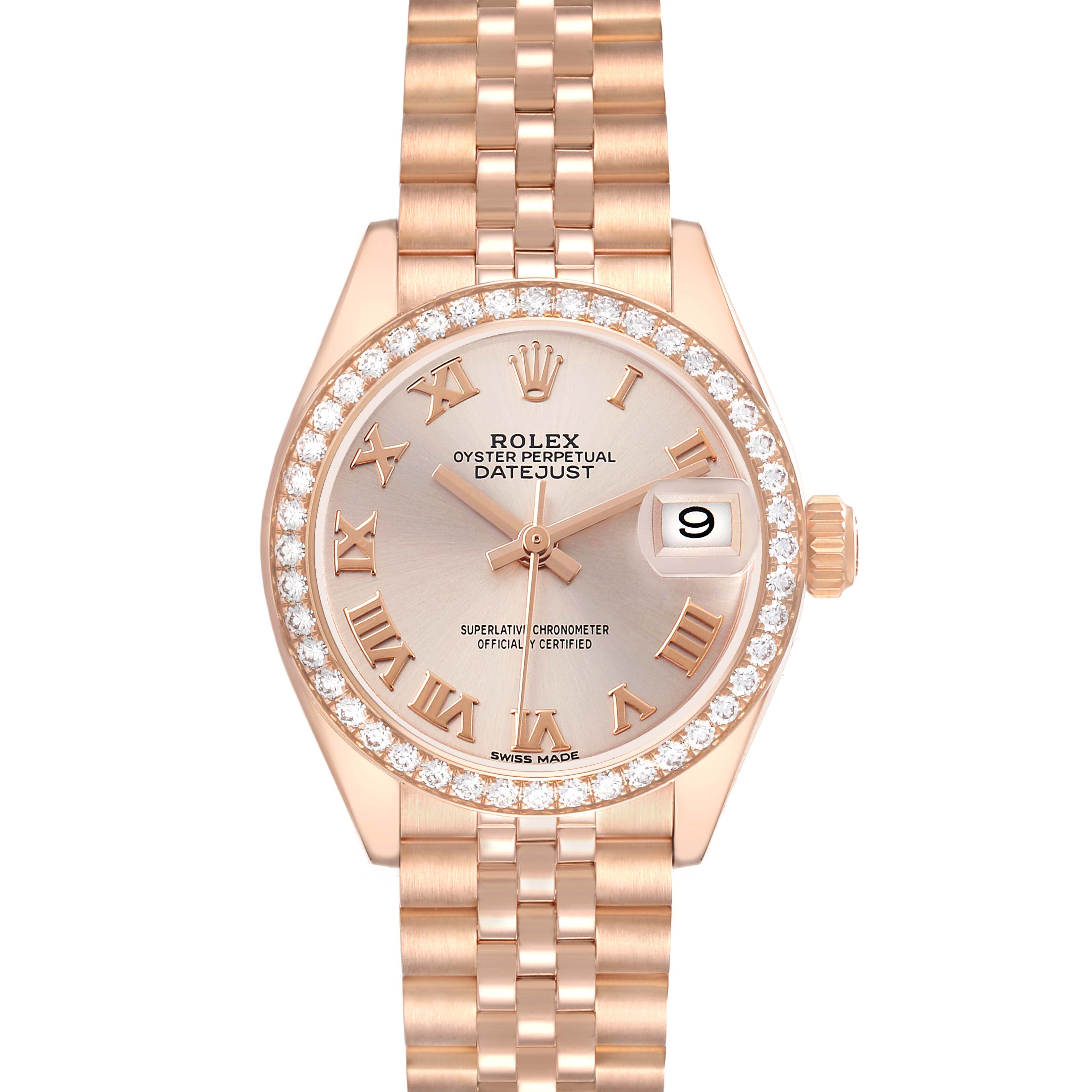 The image shows a front view of a Rolex President 279135 Women's Rose Gold Pink Dial model with a rose gold bracelet and diamond-encrusted bezel.
