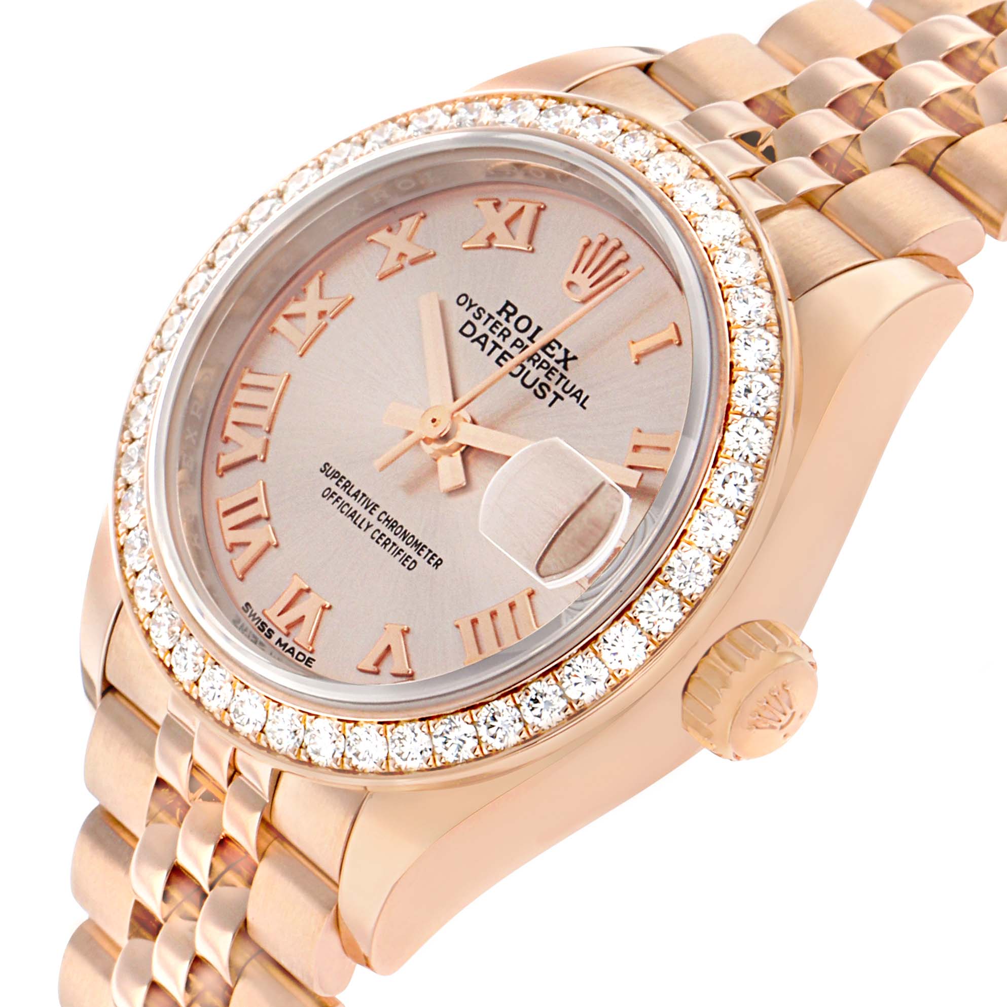 The Rolex President 279135 Women's Rose Gold Pink Dial model is shown at an angle highlighting the dial, bezel, crown, and bracelet.