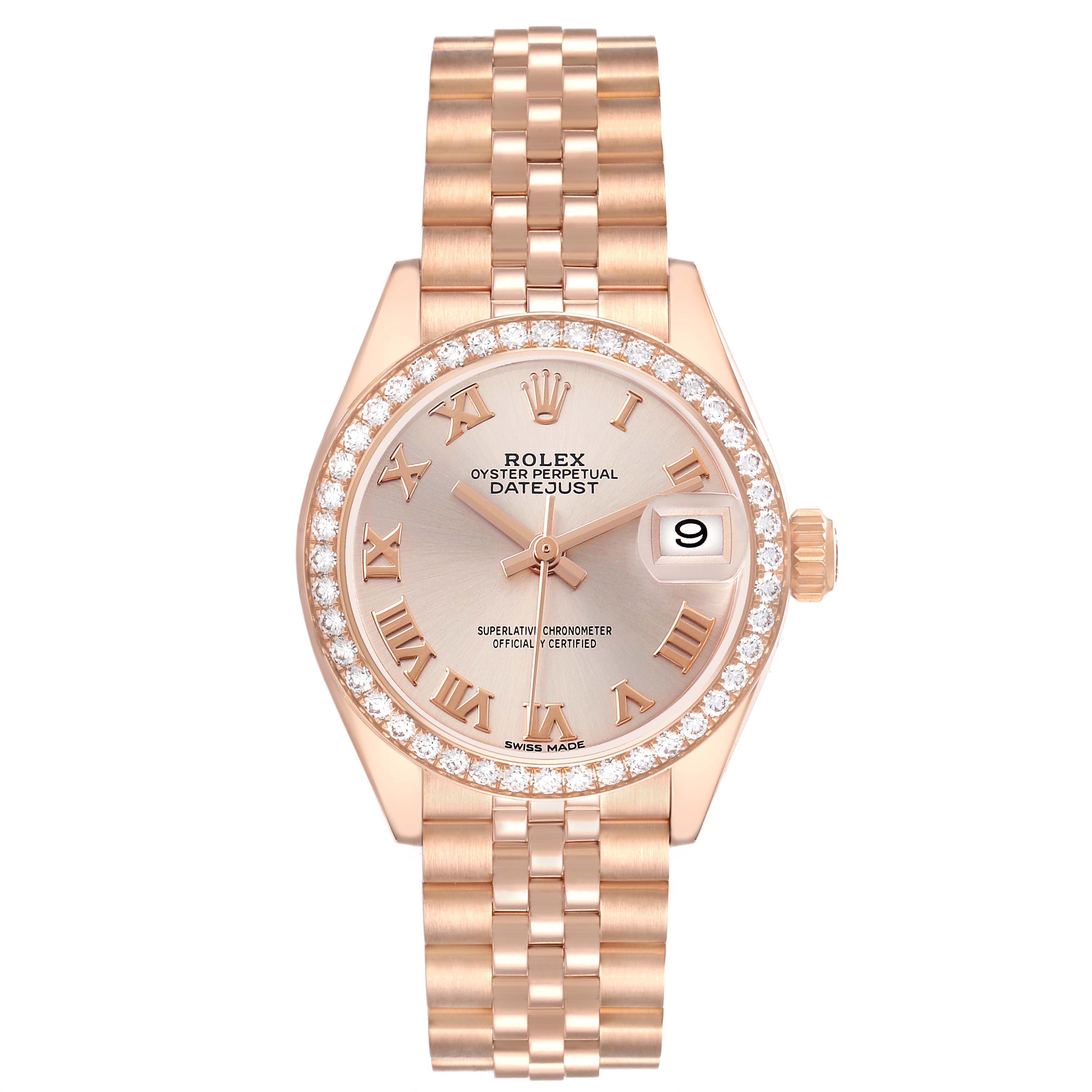 The Rolex President 279135 Women's Rose Gold Pink Dial model is shown from a top-down angle, highlighting the face, bezel, and bracelet.