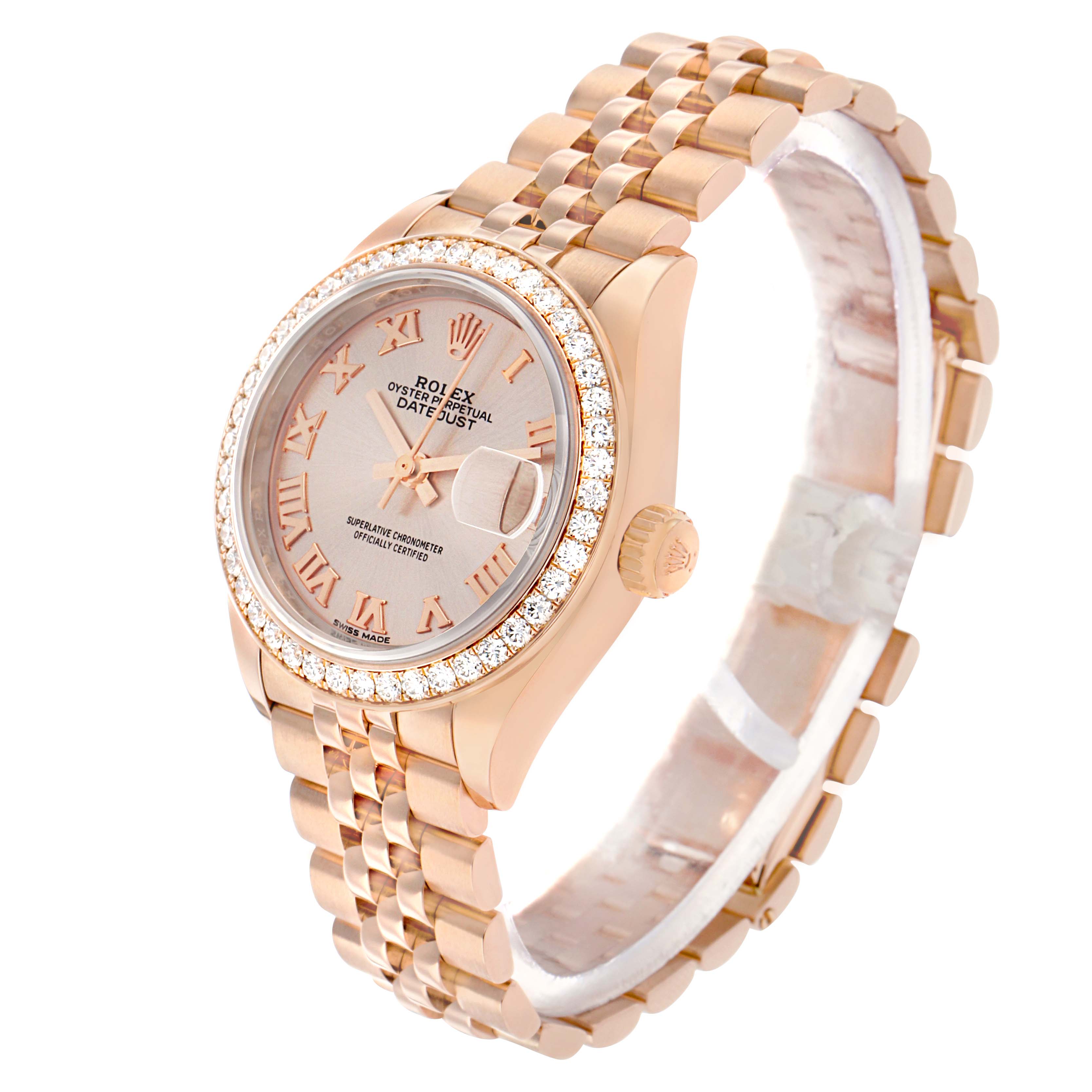 The Rolex President 279135 Women's Rose Gold Pink Dial model watch is shown at an angle highlighting the dial, bezel, and bracelet.