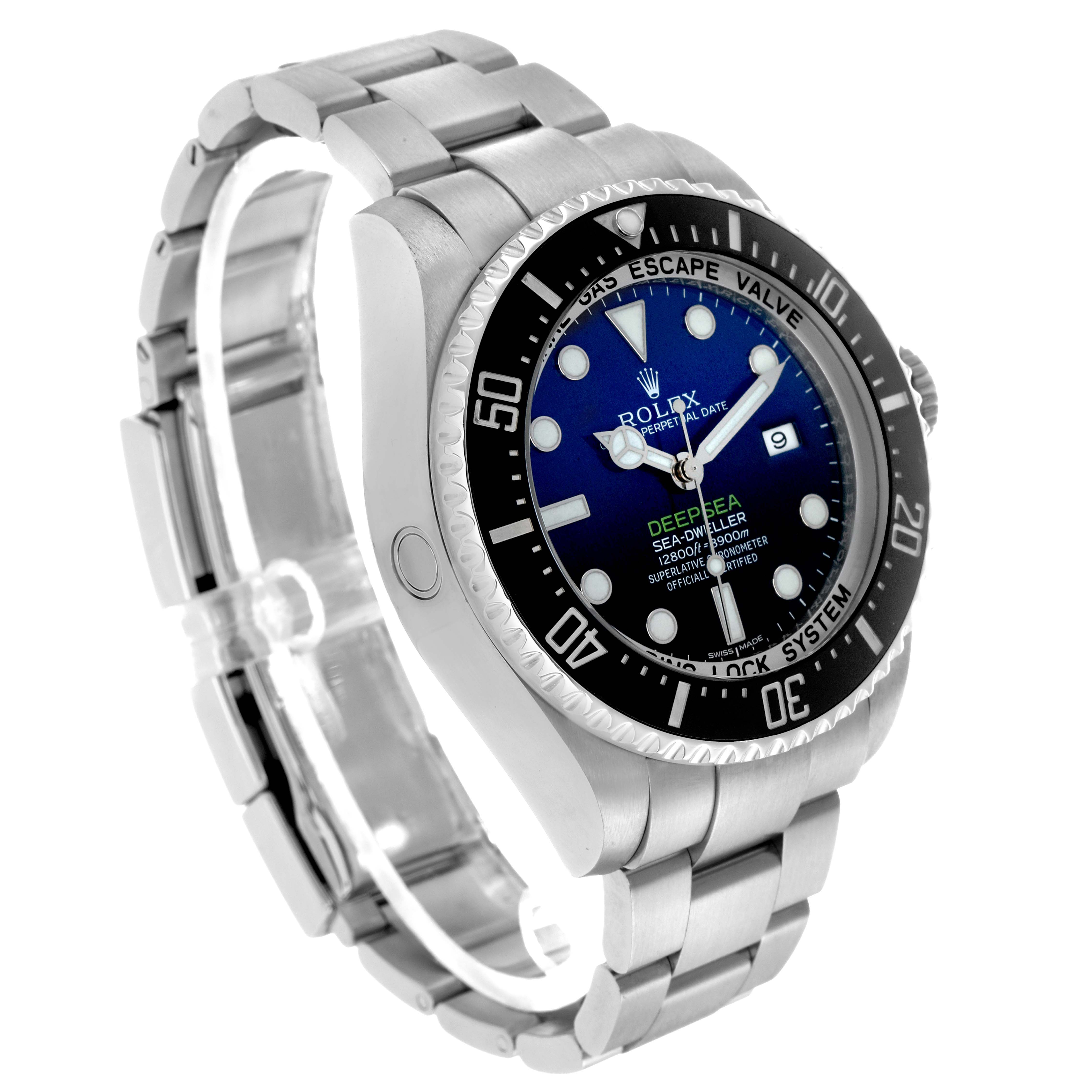 The Rolex Sea-Dweller 116660 Men's Stainless Steel Blue Dial watch is shown at a slight angle, highlighting the dial, bezel, and bracelet.