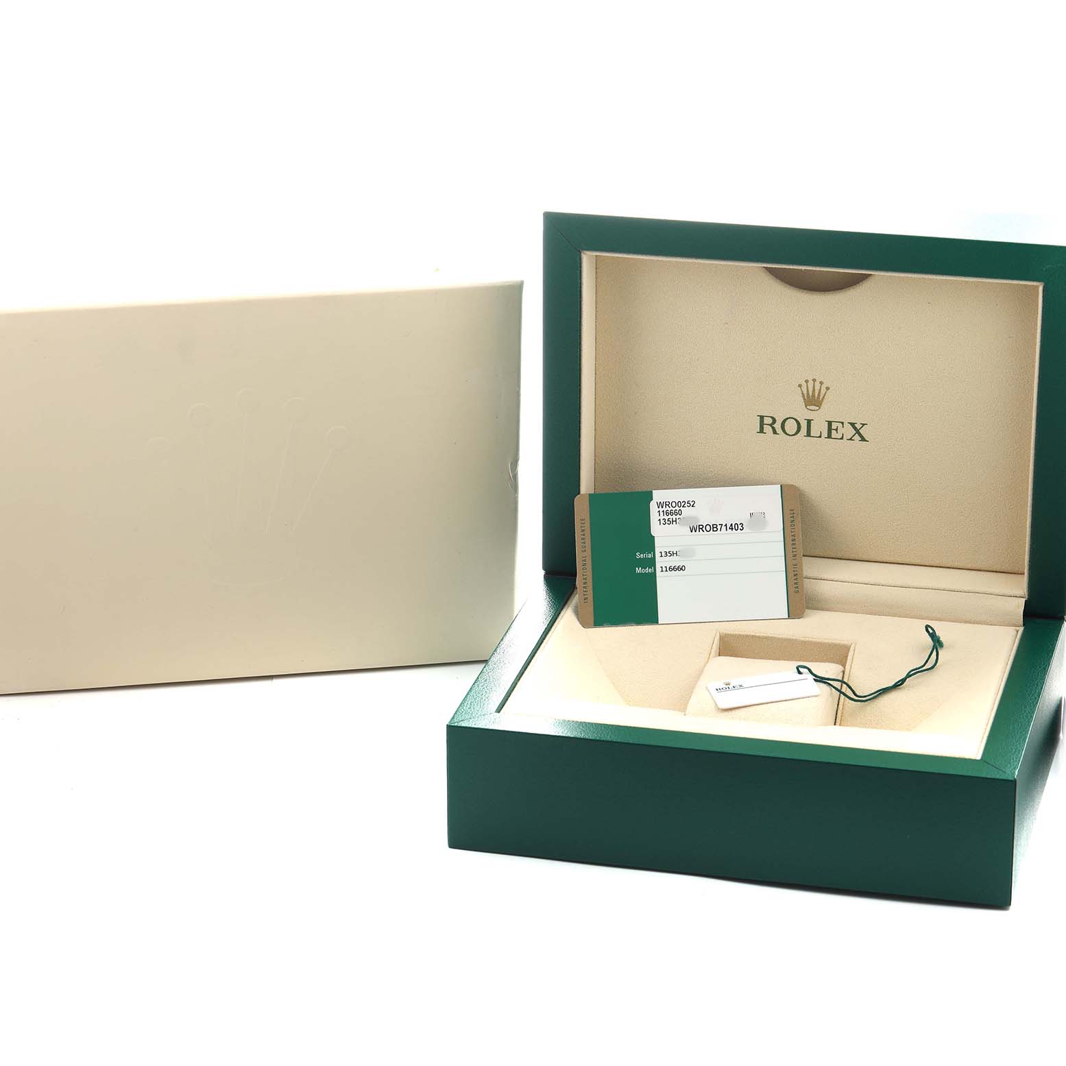 The image shows the open box and accessories for a Rolex Sea-Dweller 116660 Men's Stainless Steel Blue Dial watch, including tags and documentation.