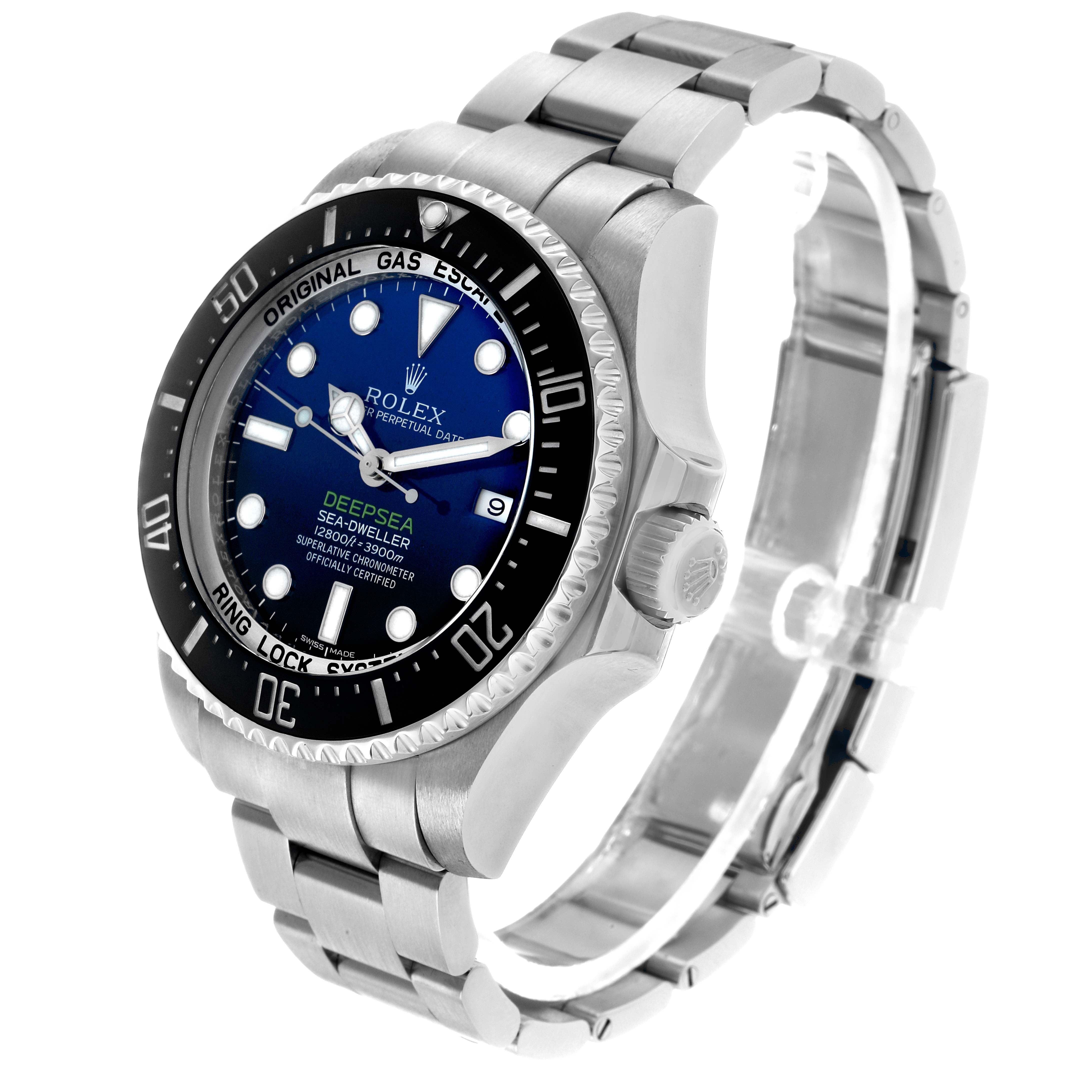 The Rolex Sea-Dweller 116660 Men's Stainless Steel Blue Dial is shown at a three-quarter angle, highlighting the dial, bezel, side, and bracelet.