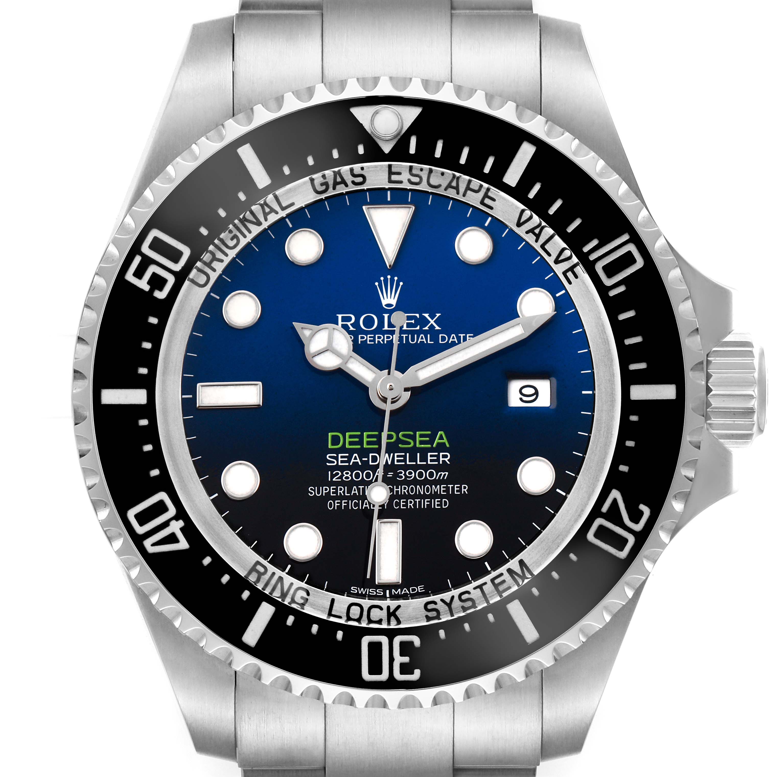 The Rolex Sea-Dweller 116660 Men's Stainless Steel Blue Dial is shown from a top-down angle, displaying the dial, bezel, and part of the bracelet.