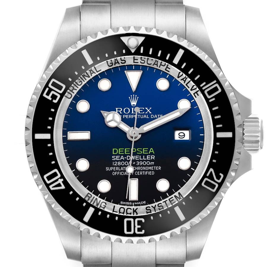 The Rolex Sea-Dweller 116660 Men's Stainless Steel Blue Dial is shown from a top-down angle, displaying the dial, bezel, and part of the bracelet.