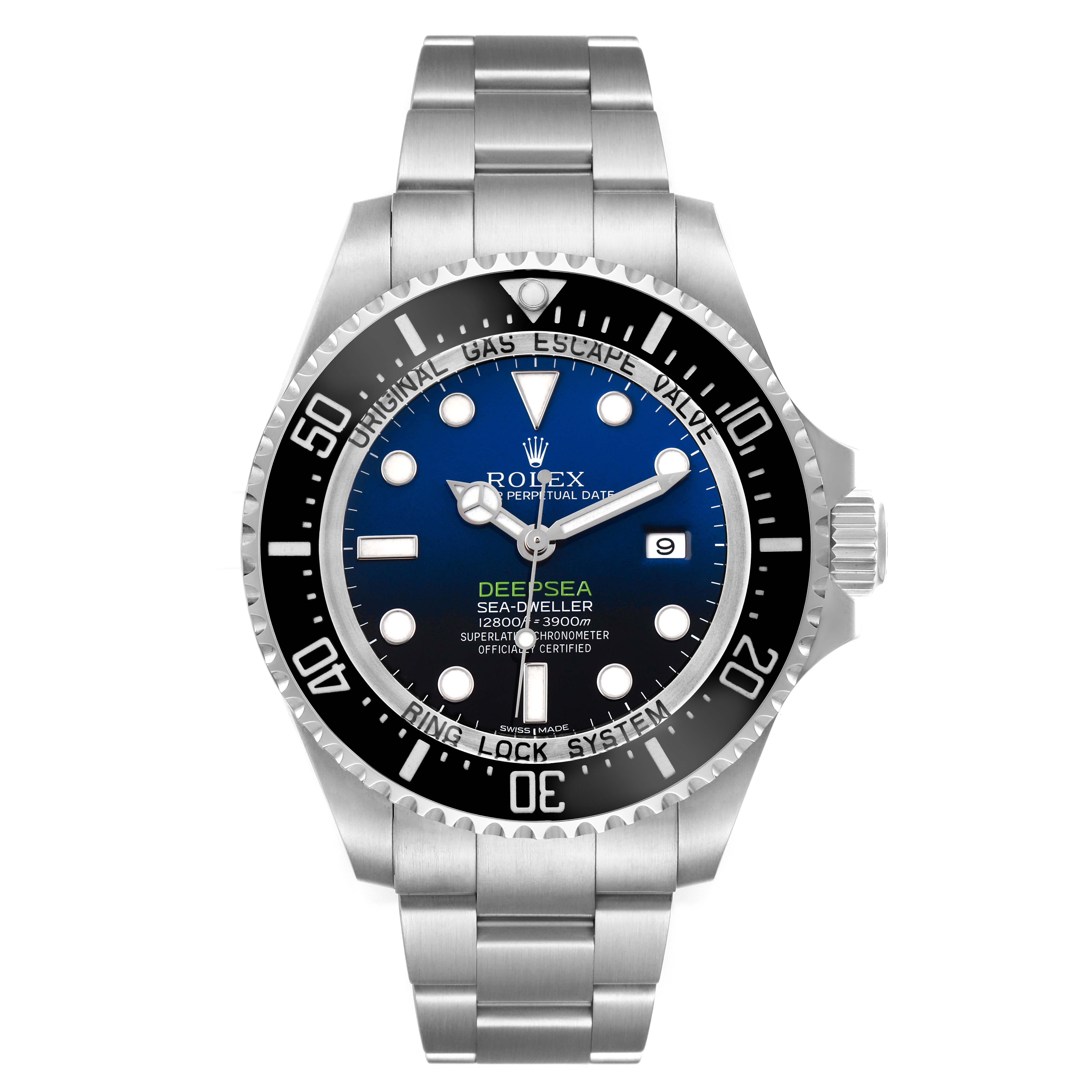The Rolex Sea-Dweller 116660 Men's Stainless Steel Blue Dial model is shown from a front view, displaying its dial, bezel, bracelet, and crown.