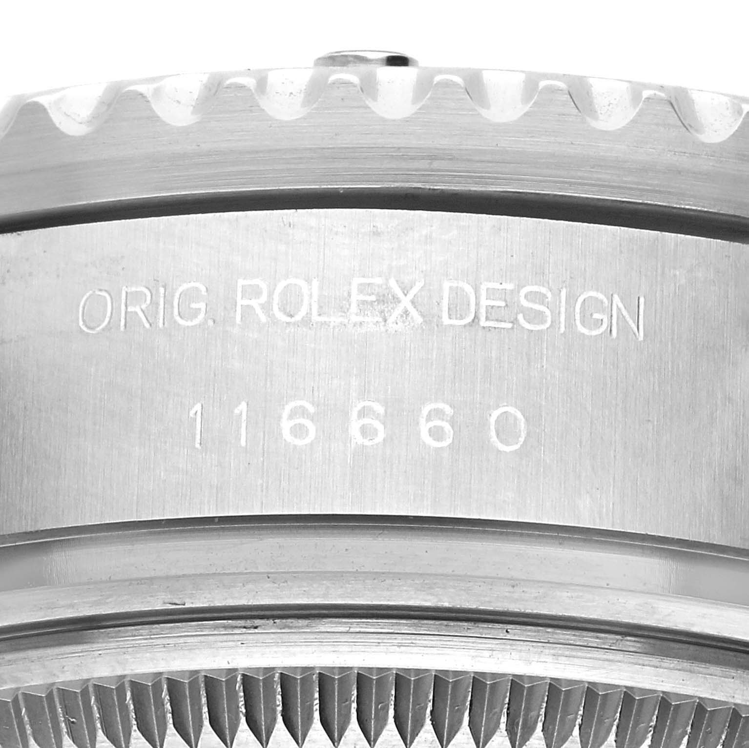 The image shows a close-up of the side of a Rolex Sea-Dweller 116660 Men's Stainless Steel Blue Dial watch, focusing on the engraved model number and case details.