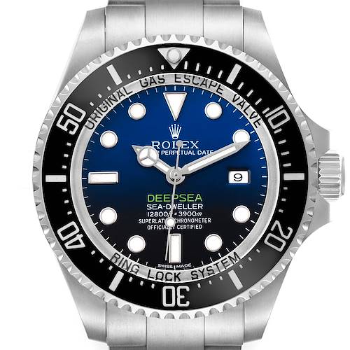 The Rolex Sea-Dweller 116660 Men's Stainless Steel Blue Dial watch is shown from a front view, highlighting the dial, bezel, and crown.