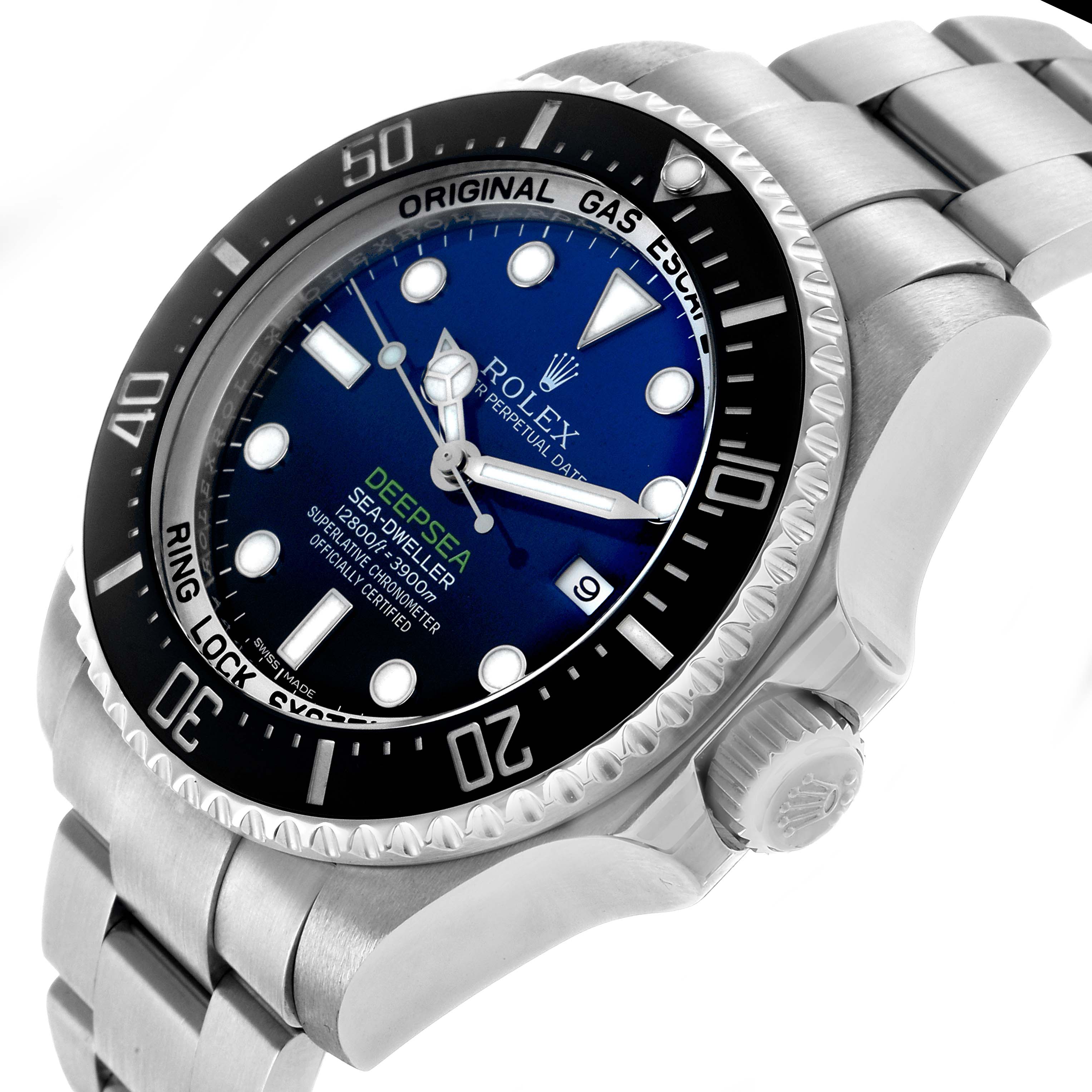 The Rolex Sea-Dweller 116660 Men's Stainless Steel Blue Dial watch is shown at a three-quarter angle, displaying the face, bezel, crown, and part of the bracelet.