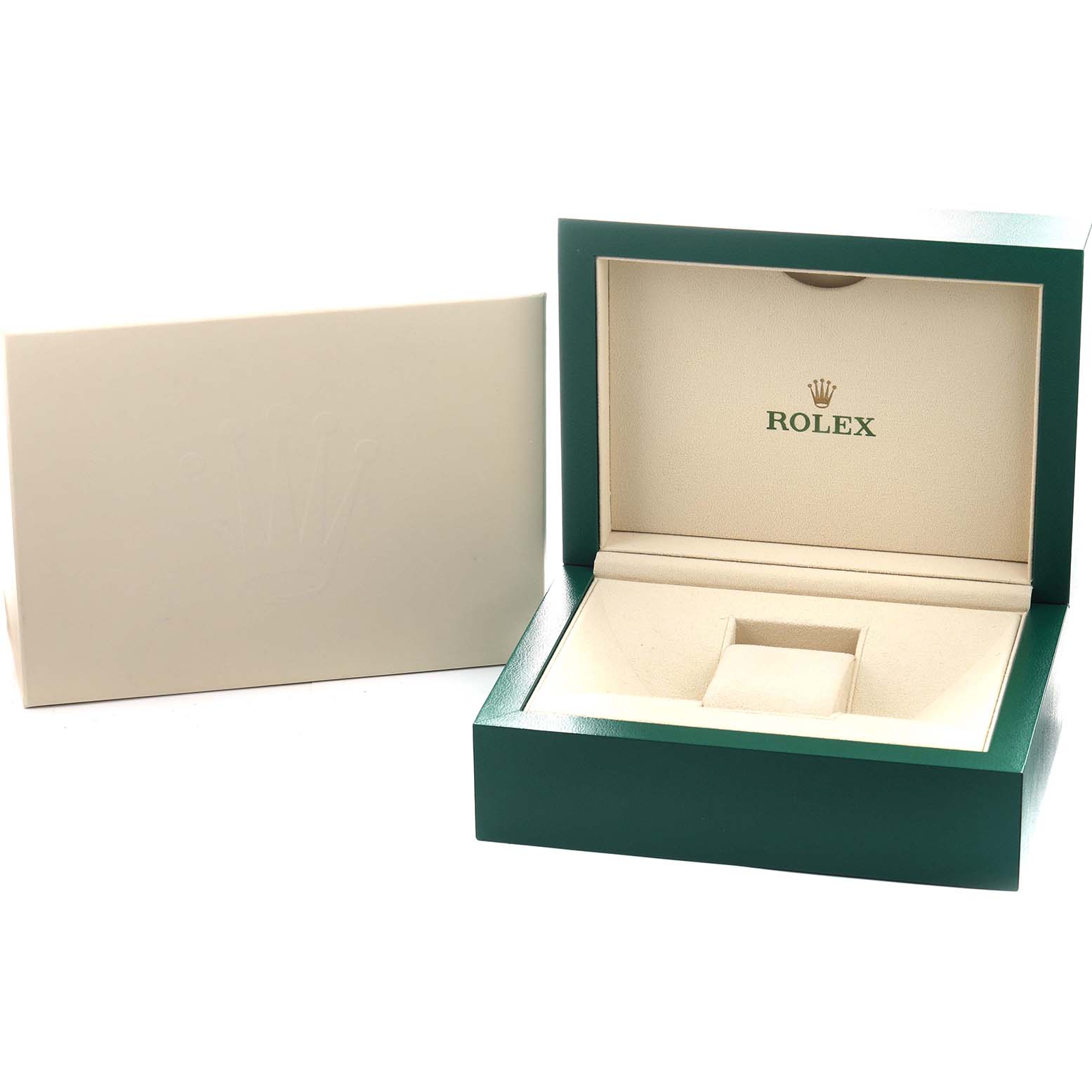 The image shows a Rolex Sky-Dweller 326934 Men's Stainless Steel Blue Dial watch box, open, with a green exterior and beige interior, alongside its outer sleeve.