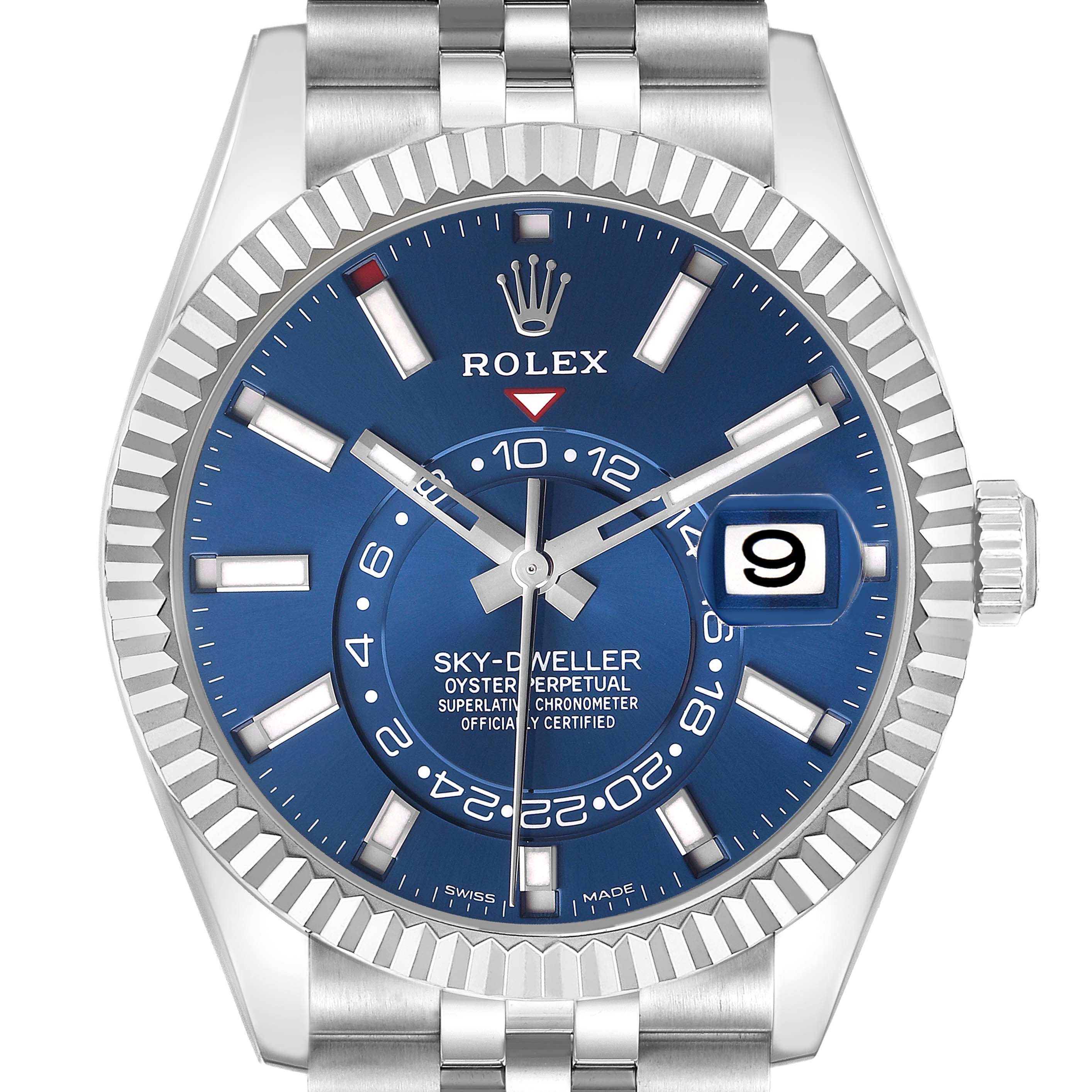 The image shows a front view of the Rolex Sky-Dweller 326934 Men's Stainless Steel Blue Dial watch, featuring its blue dial, bezel, hands, and date window.