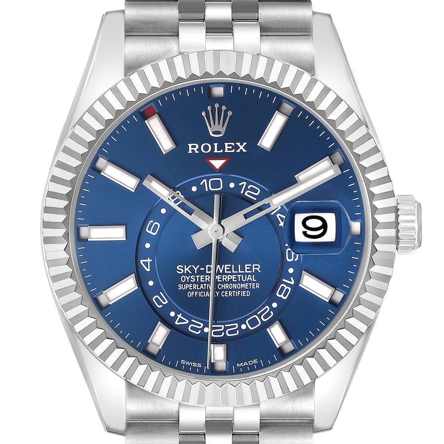 The image shows a front view of the Rolex Sky-Dweller 326934 Men's Stainless Steel Blue Dial watch, featuring its blue dial, bezel, hands, and date window.