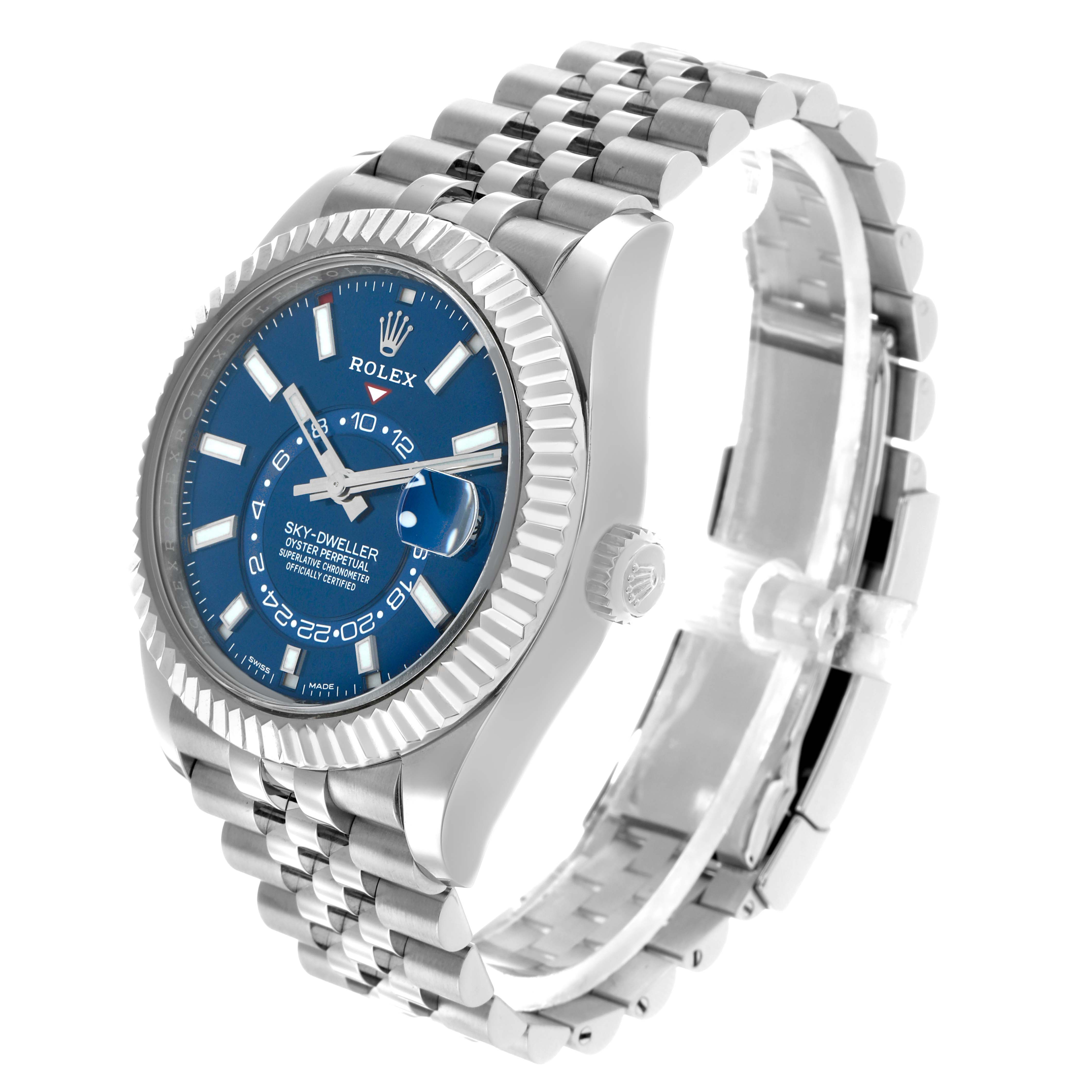 The Rolex Sky-Dweller 326934 Men's Stainless Steel Blue Dial is shown at an angled side view, highlighting the blue dial, bezel, crown, and metal bracelet.