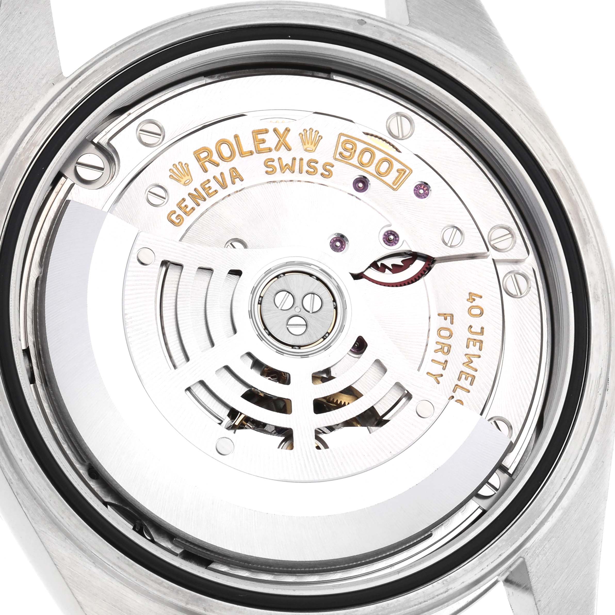 The image shows the movement of a Rolex Sky-Dweller 326934 Men's Stainless Steel Blue Dial, highlighting the rotor and internal components from the back.