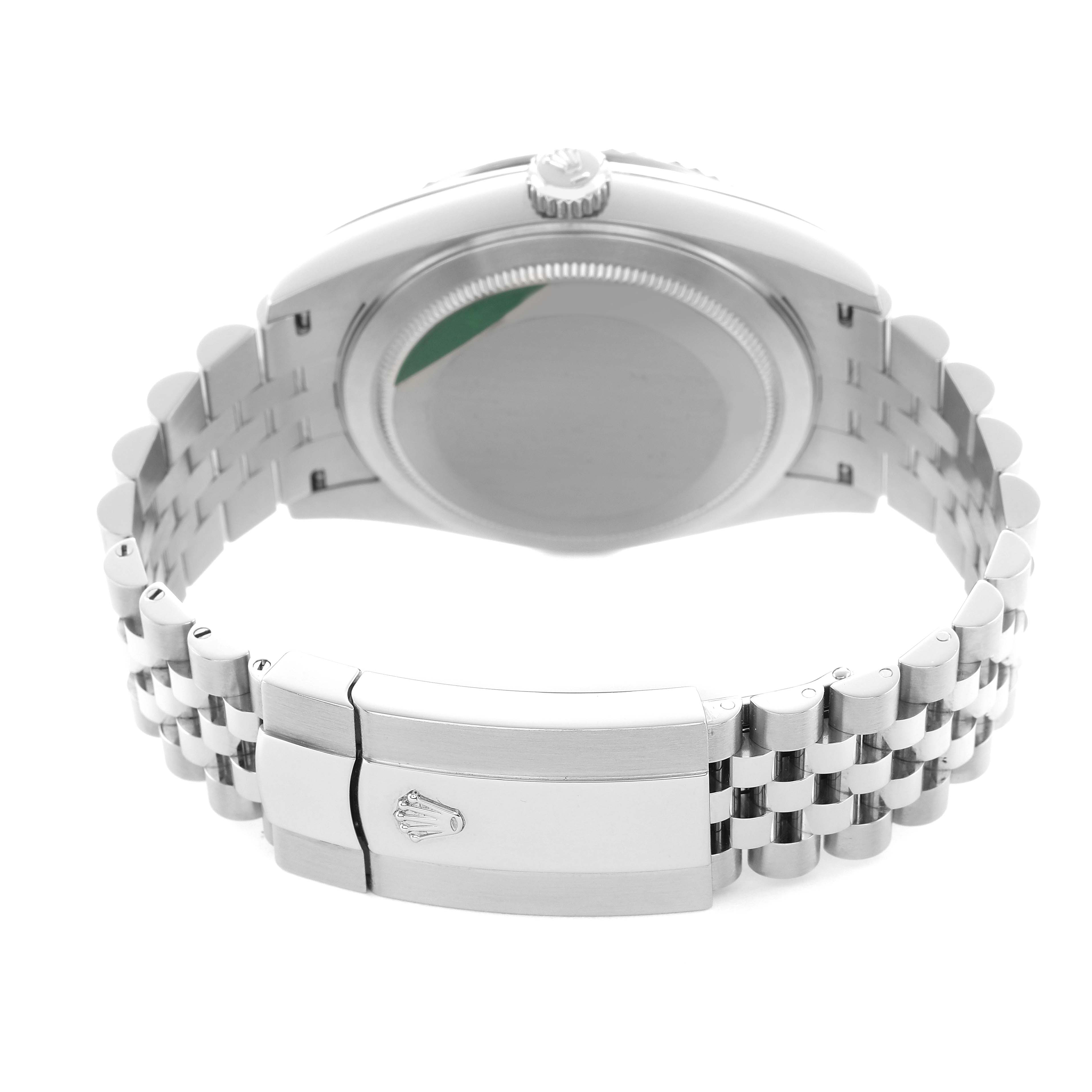 The Rolex Sky-Dweller 326934 Men's Stainless Steel Blue Dial watch is shown from the back, highlighting the bracelet and clasp.