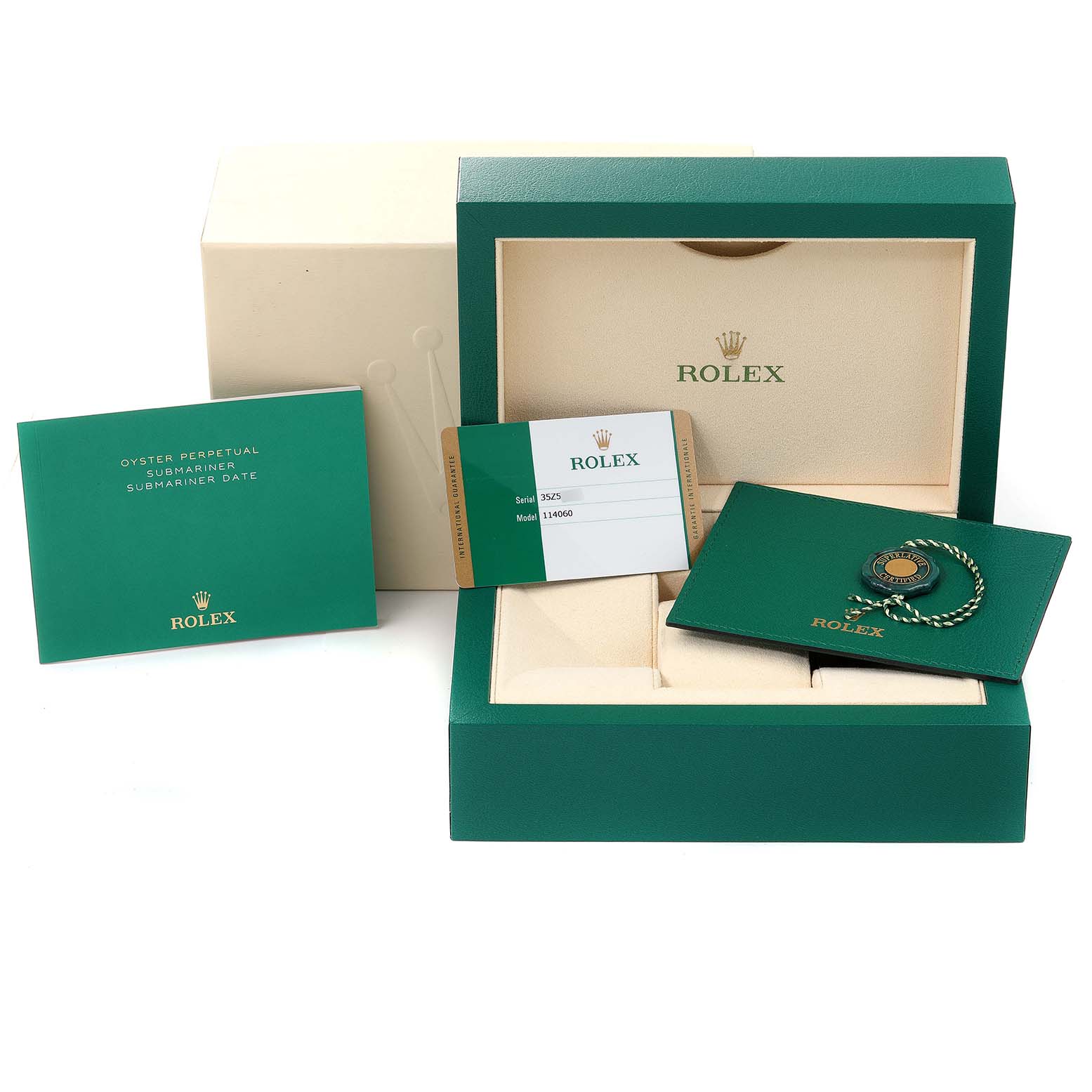 The image shows the packaging box, warranty card, booklet, and accessories of a Rolex Submariner 114060 Men's Stainless Steel Black Dial 114060 Men's Stainless Steel Black Dial watch from a front angle.