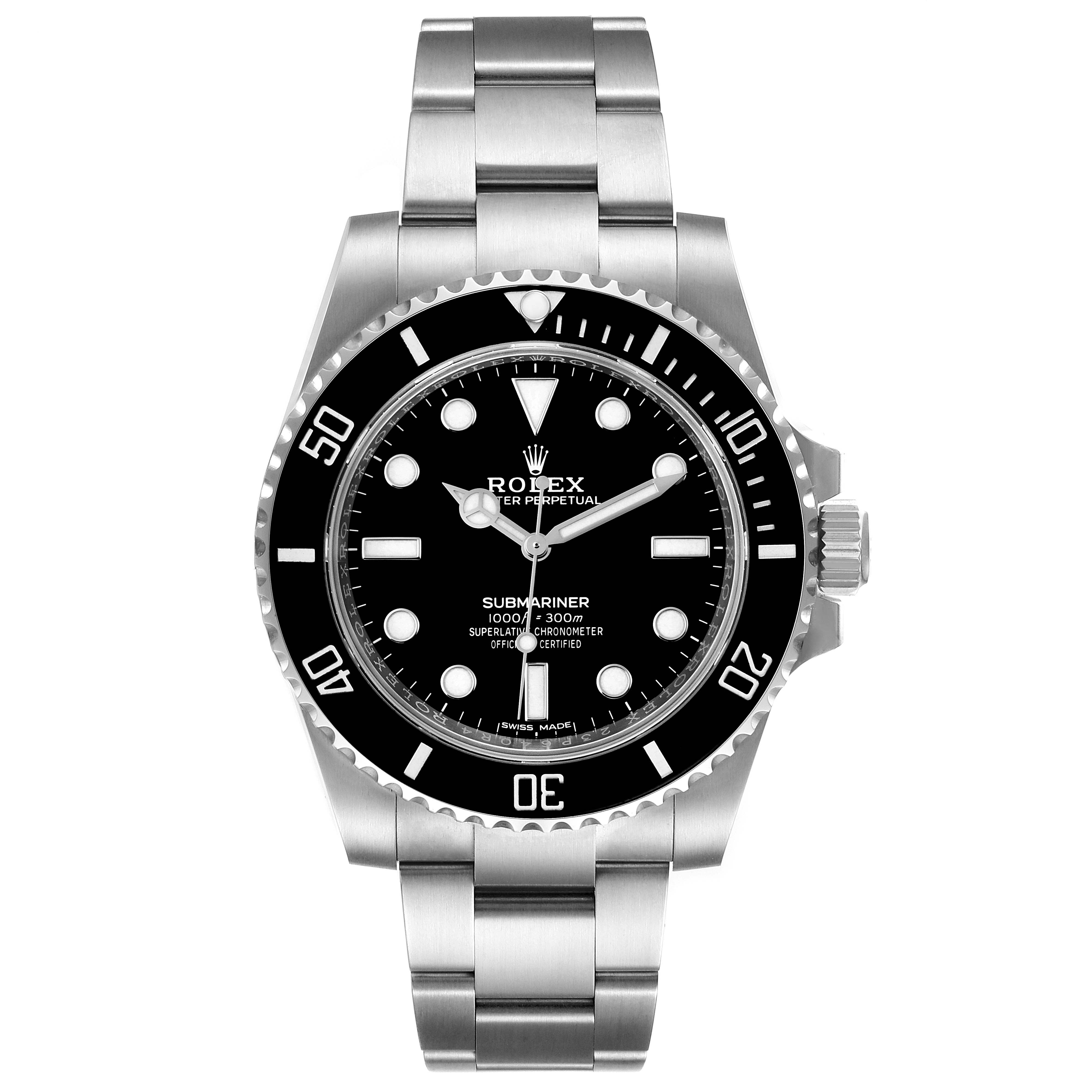 This is a front view of the Rolex Submariner 114060 Men's Stainless Steel Black Dial 114060 Men's Stainless Steel Black Dial watch, showing the dial, bezel, and bracelet.