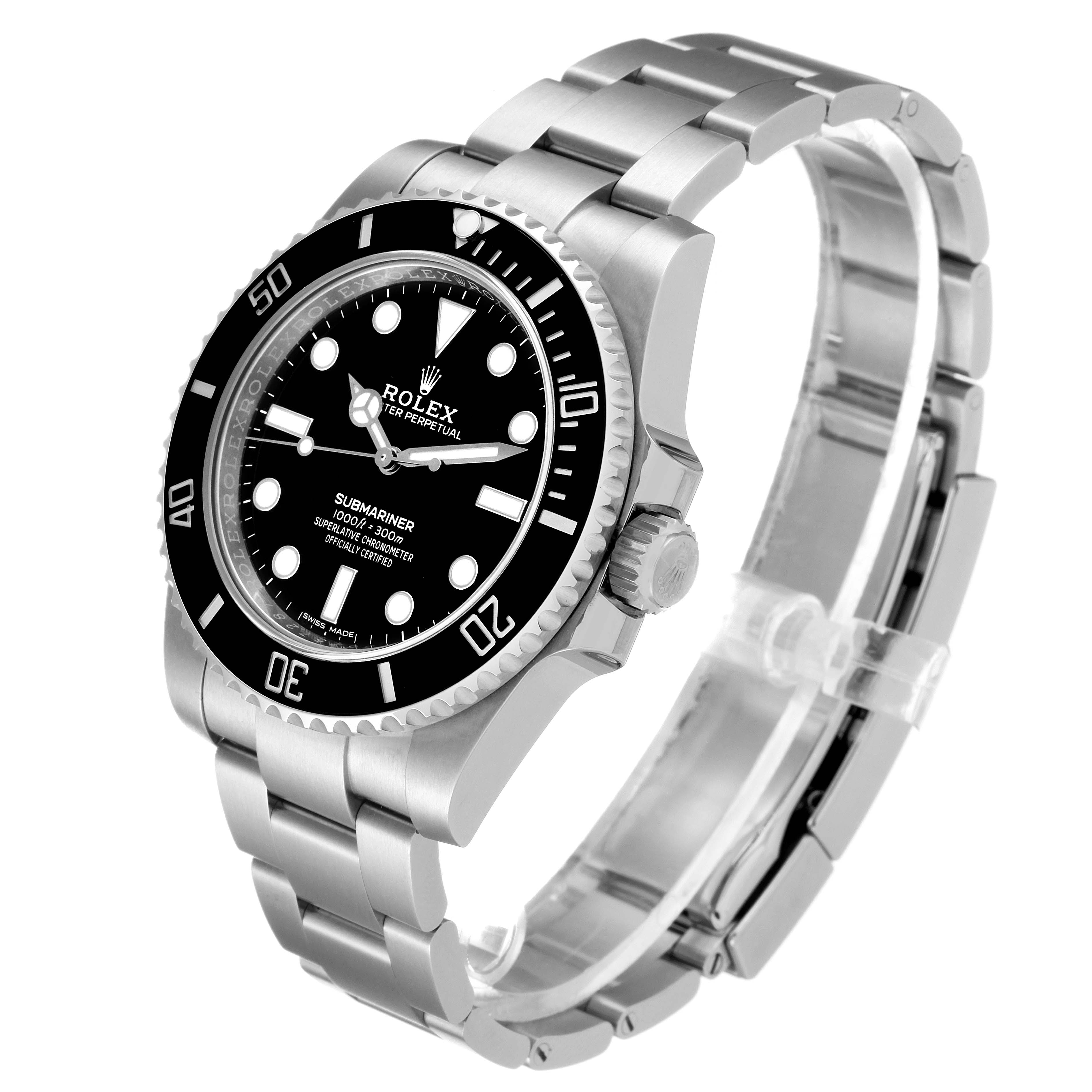 The Rolex Submariner 114060 Men's Stainless Steel Black Dial 114060 Men's Stainless Steel Black Dial watch is shown from an angled view displaying its dial, bezel, bracelet, and crown.